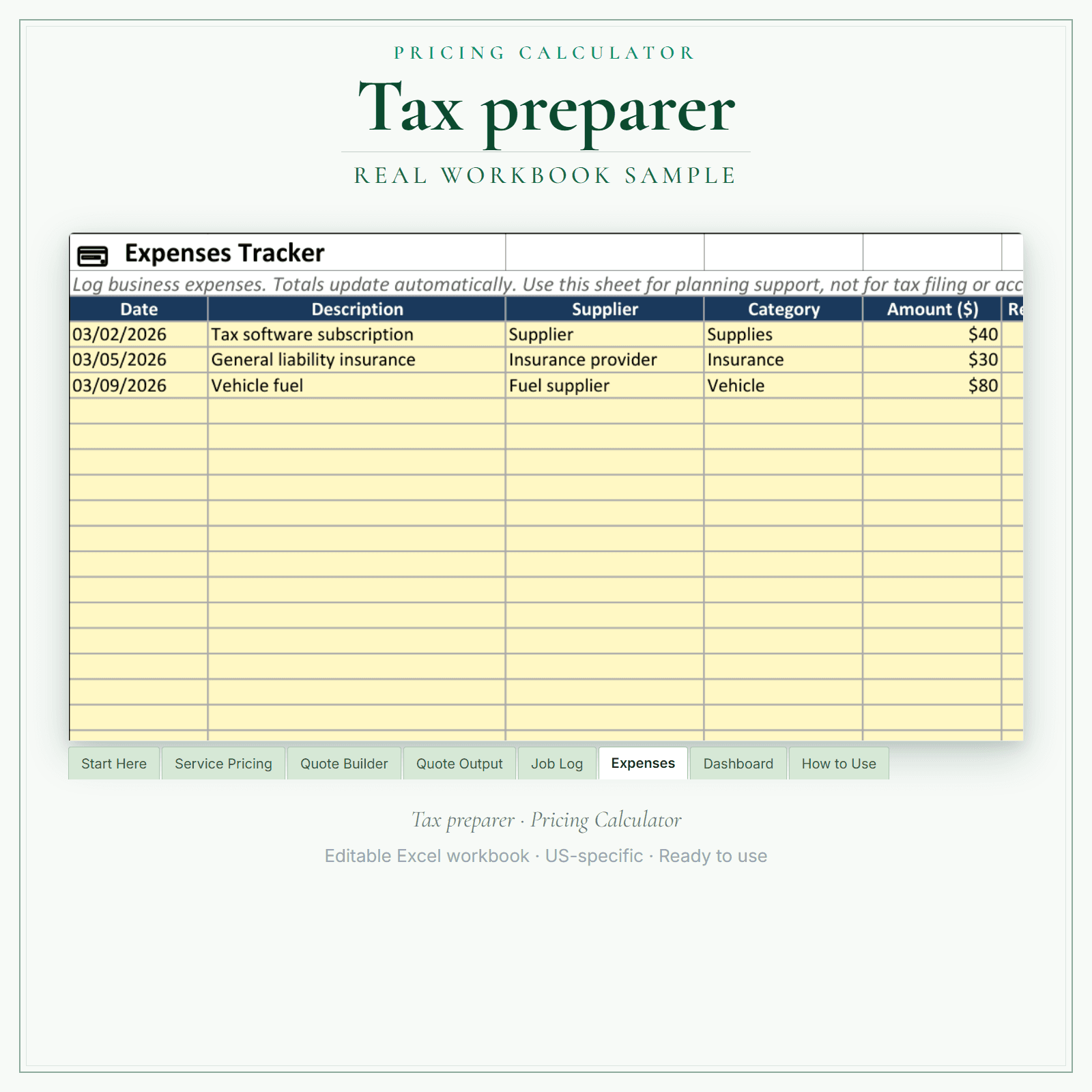 Tax Preparer Pricing Calculator sample pages