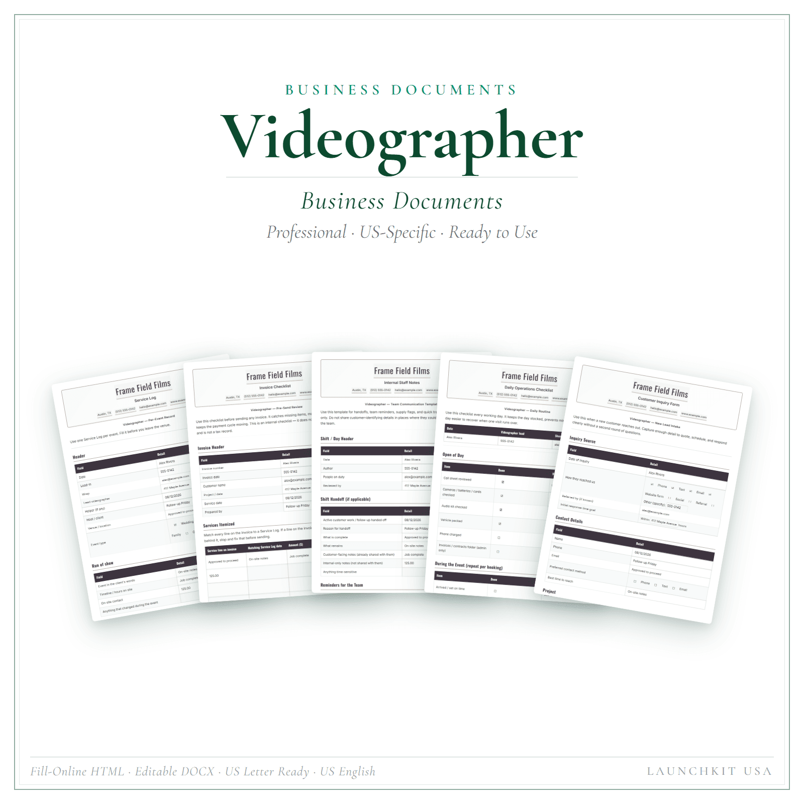 Business Documents for Videographer