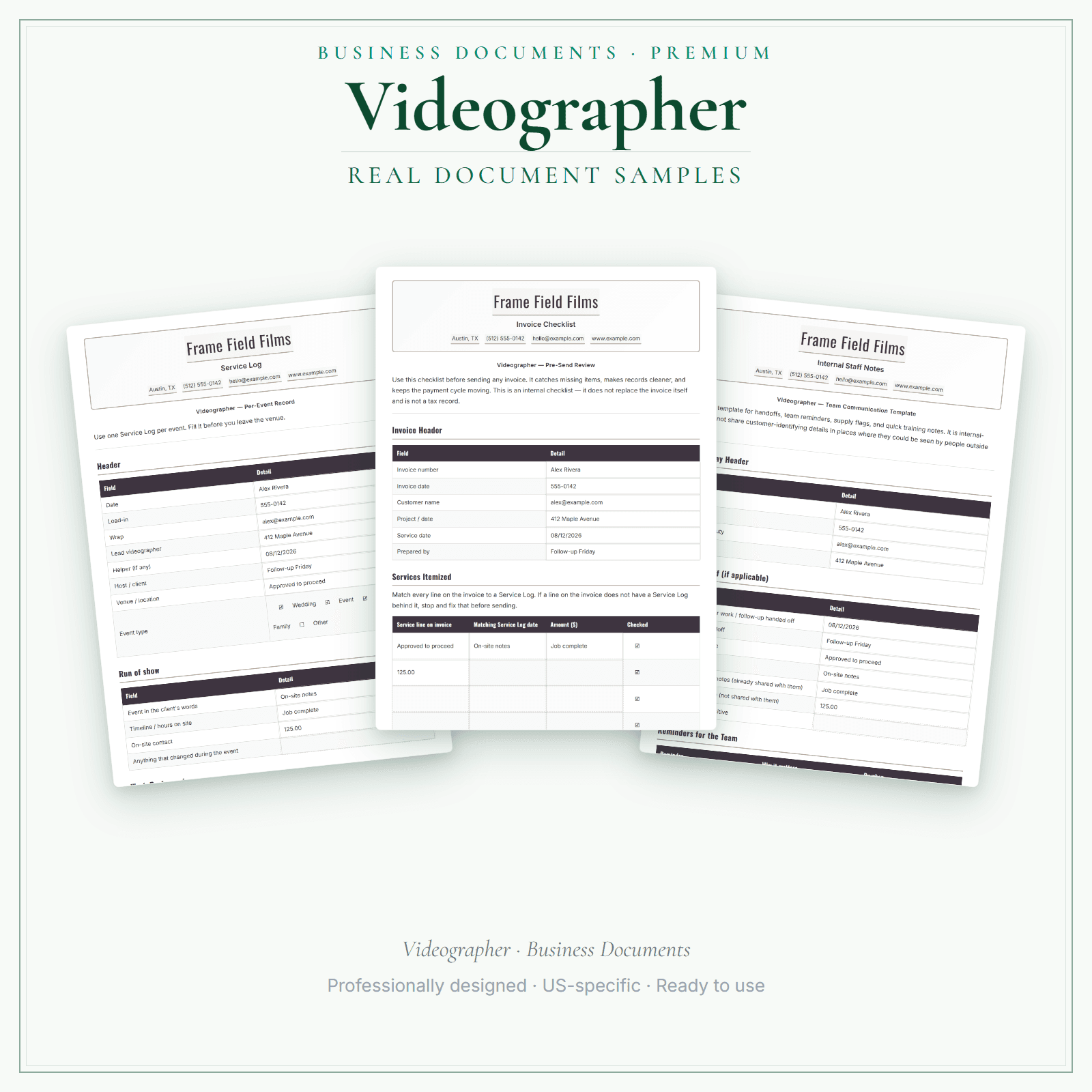 Videographer Business Documents — Premium sample pages