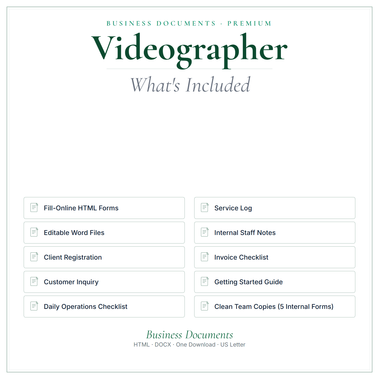 What's included in Videographer Business Documents — Premium