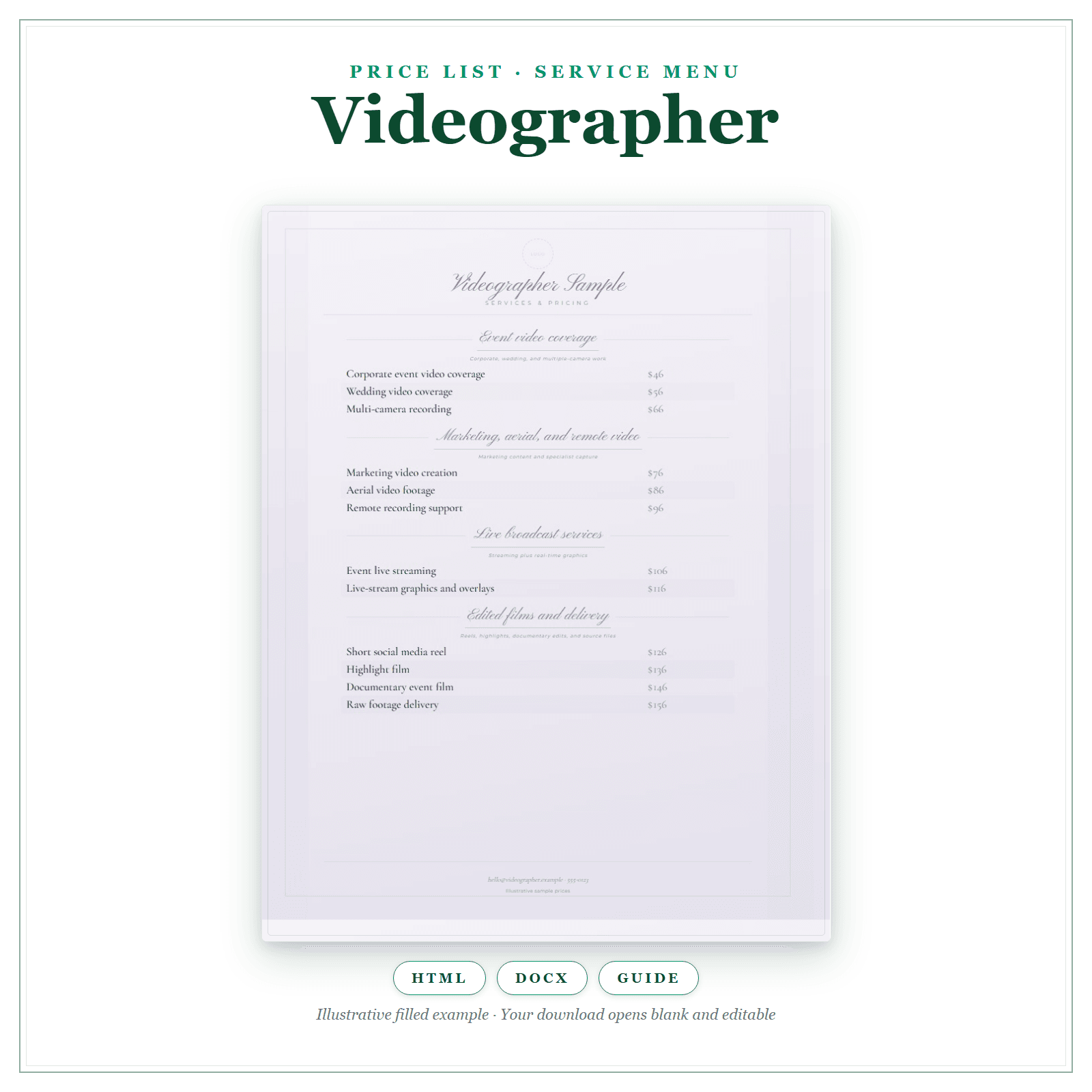 Price List & Service Menu for Videographer