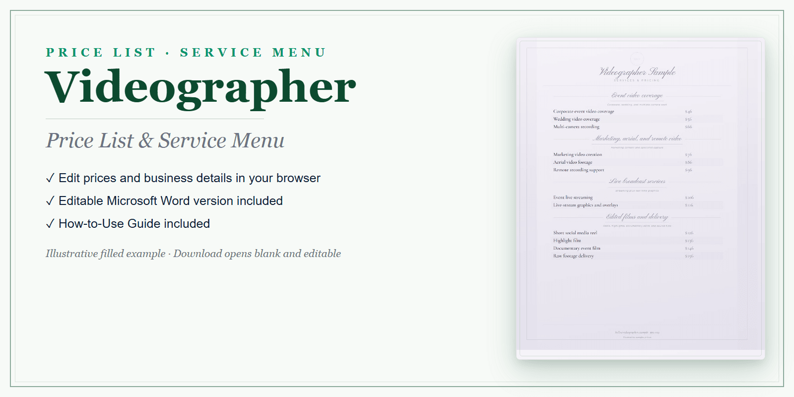 Videographer Price List & Service Menu product preview