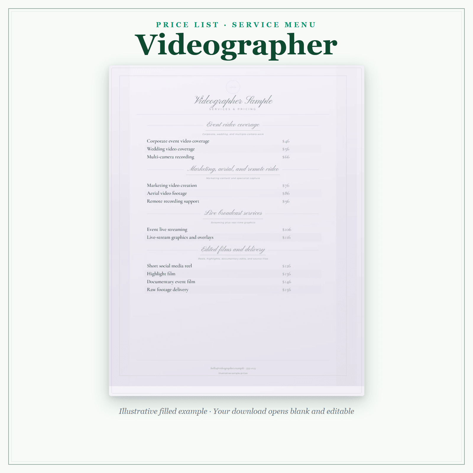 Videographer Price List & Service Menu sample pages
