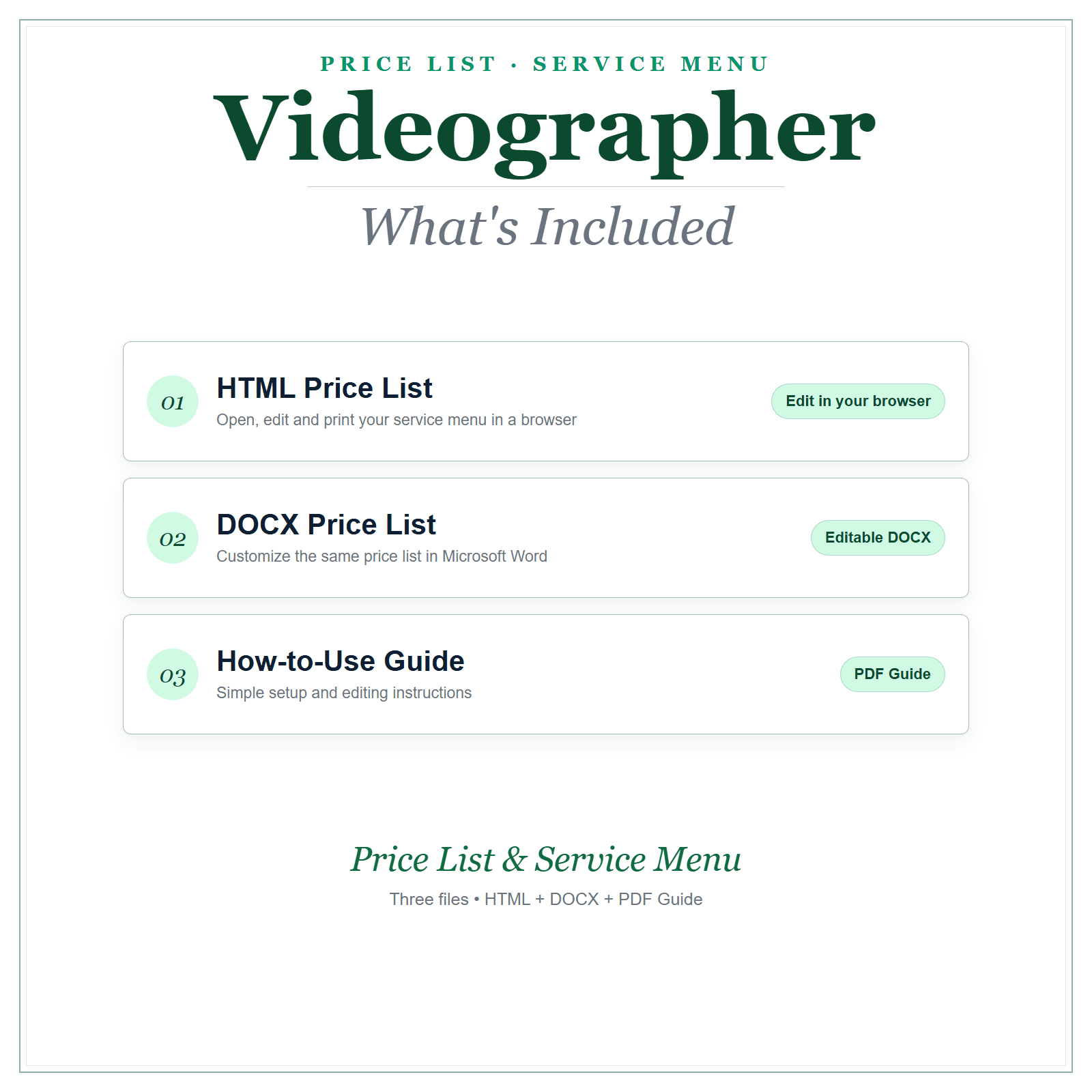 What's included in Videographer Price List & Service Menu