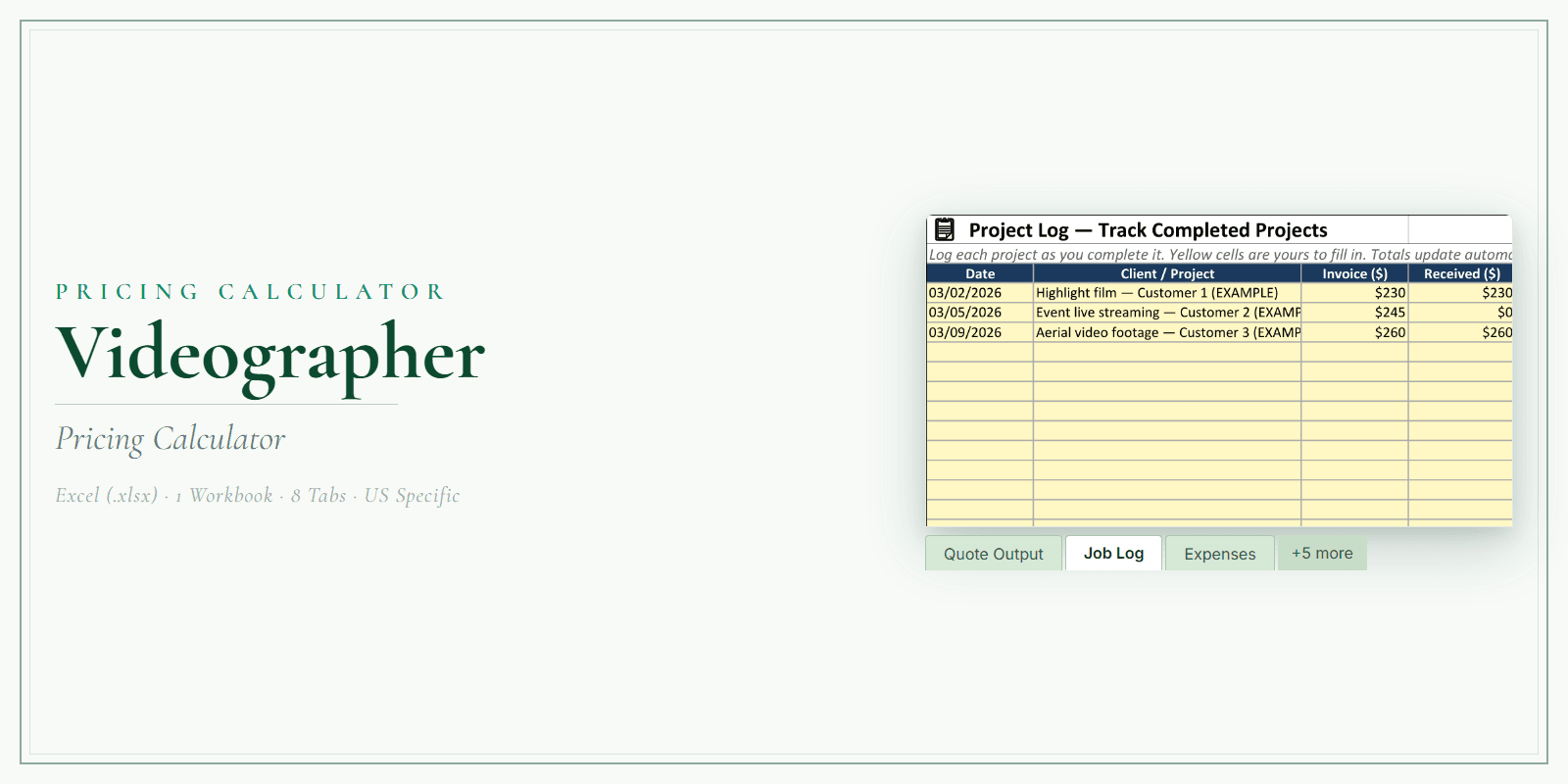Videographer Pricing Calculator product preview