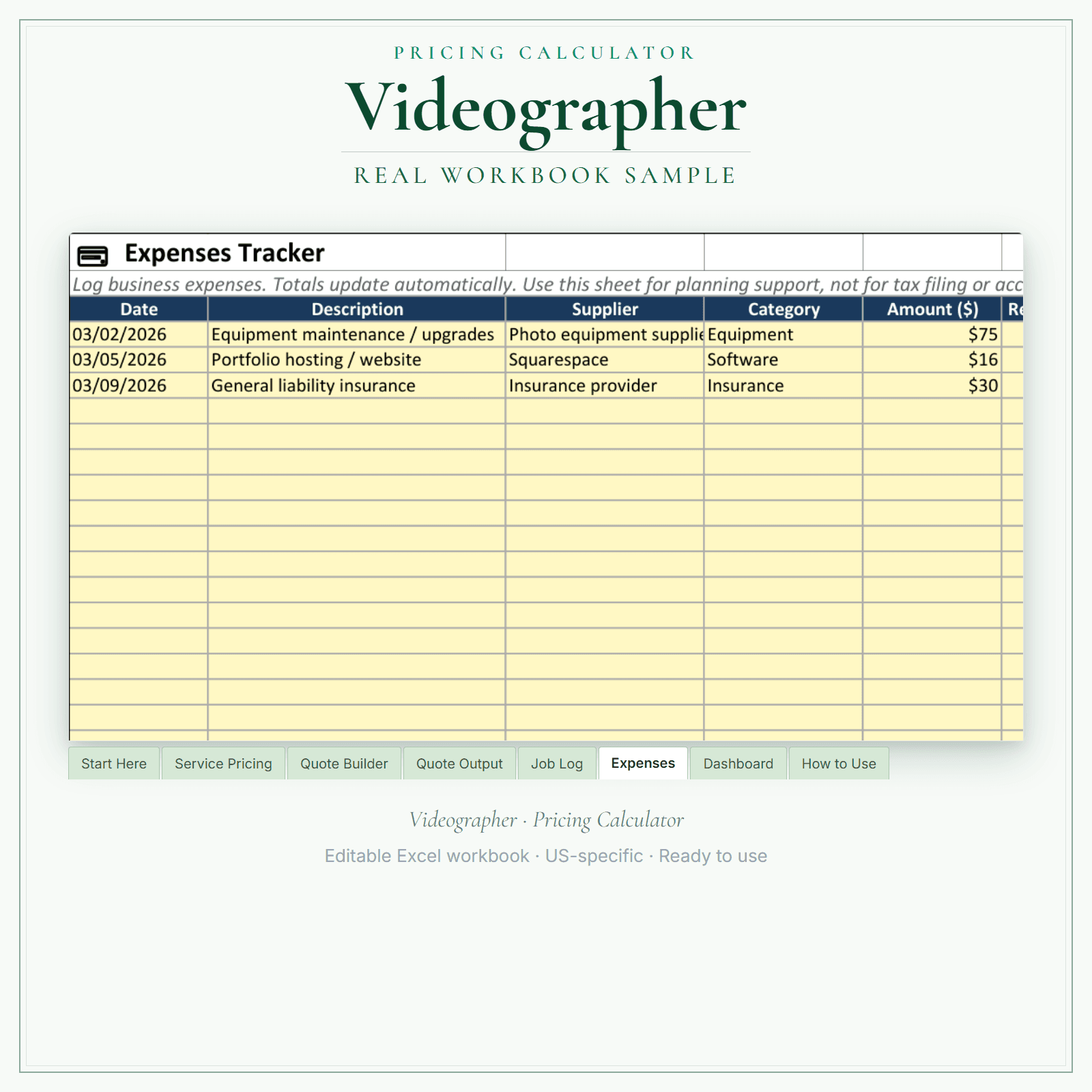 Videographer Pricing Calculator sample pages