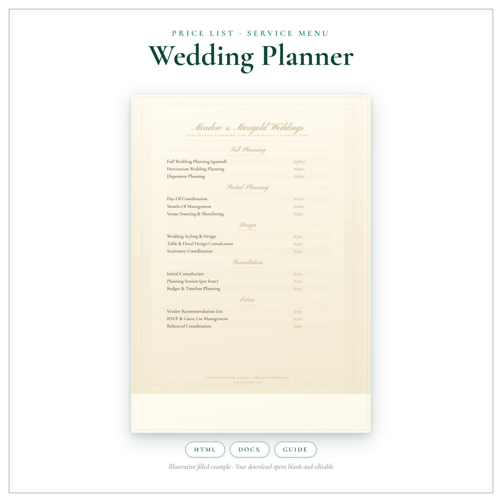 Wedding Planner Price List & Service Menu