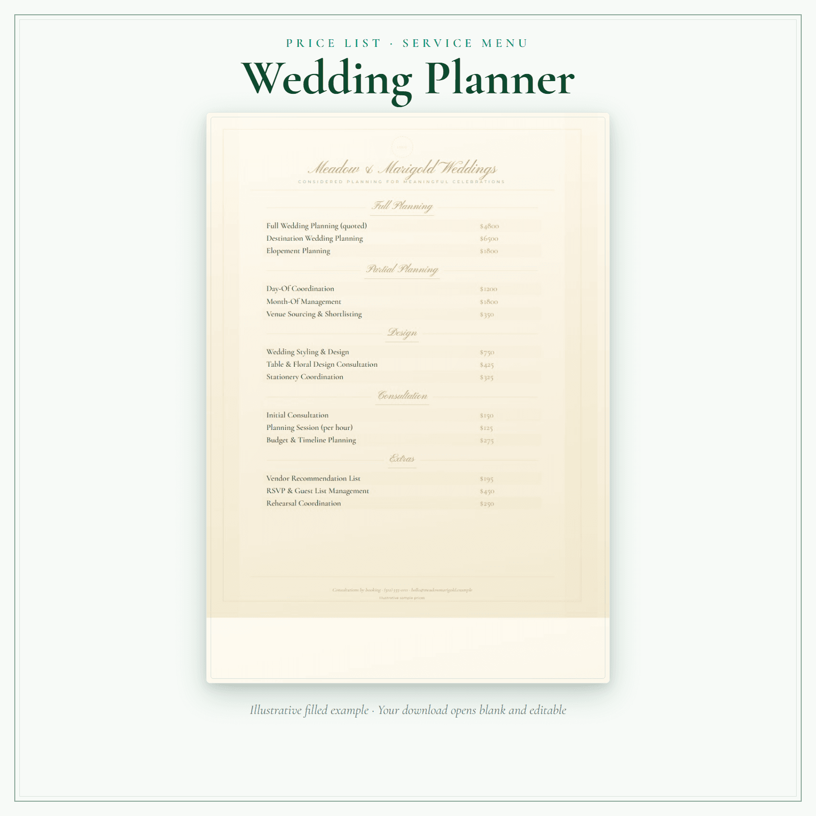 Wedding Planner Price List & Service Menu sample pages