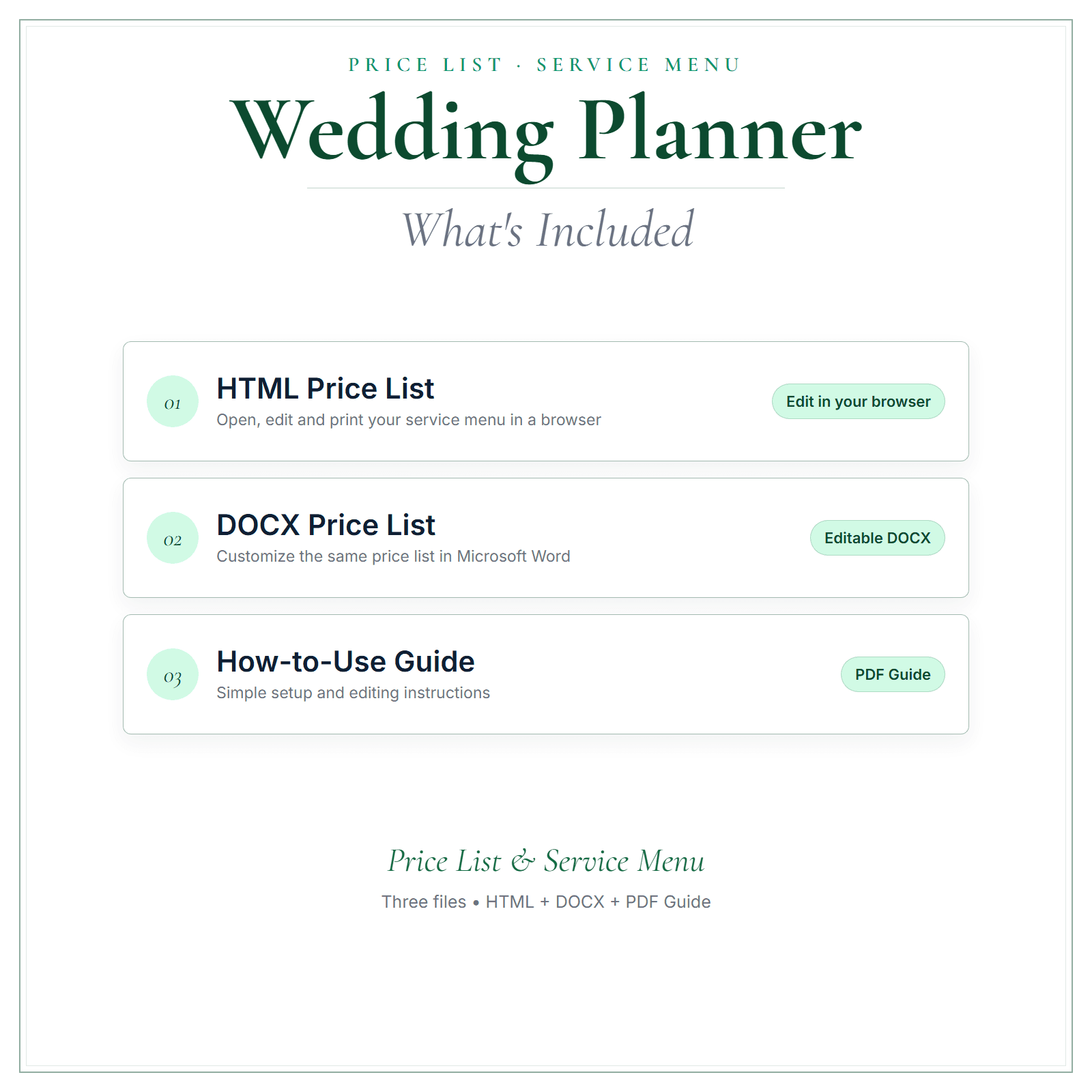 What's included in Wedding Planner Price List & Service Menu