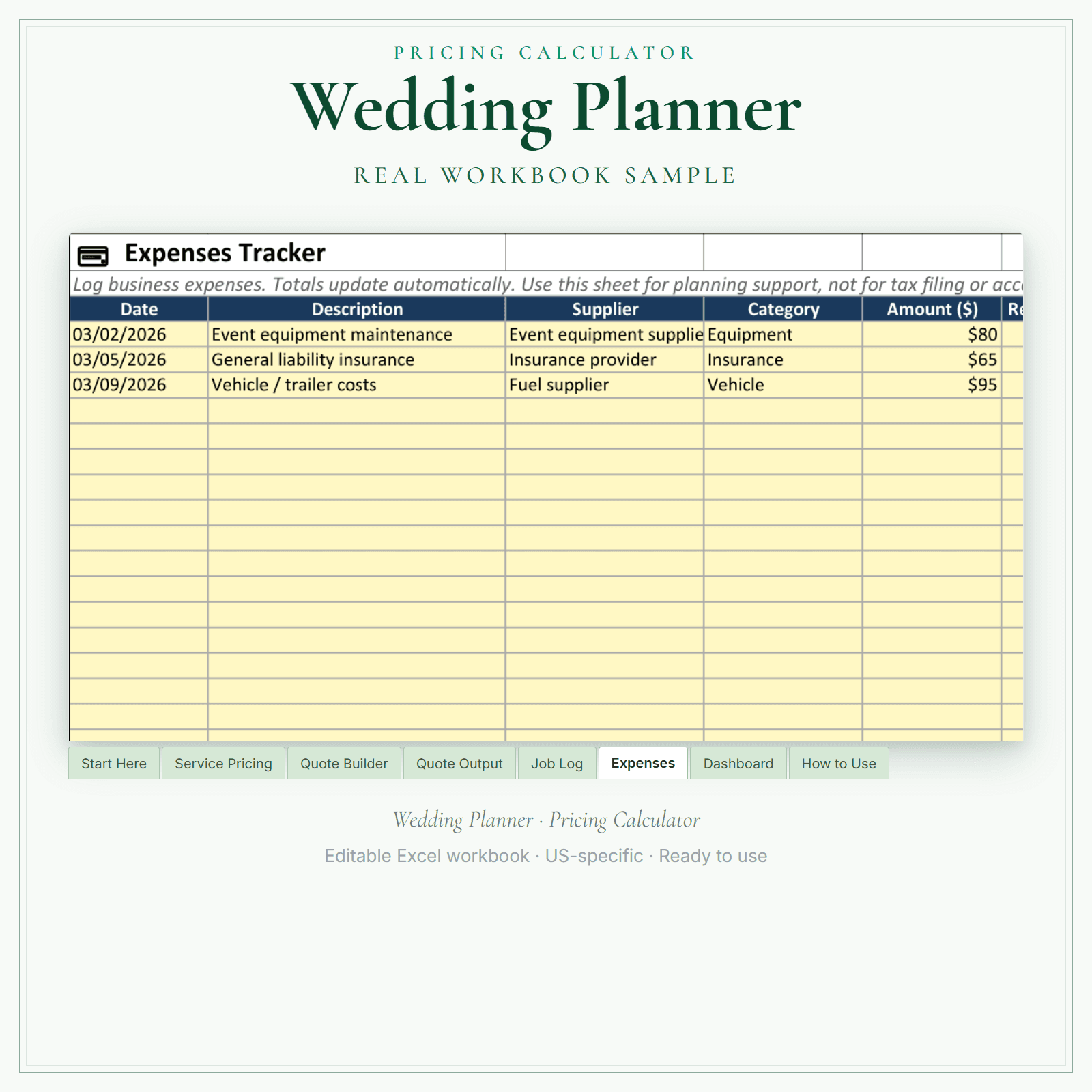 Wedding Planner Pricing Calculator sample pages