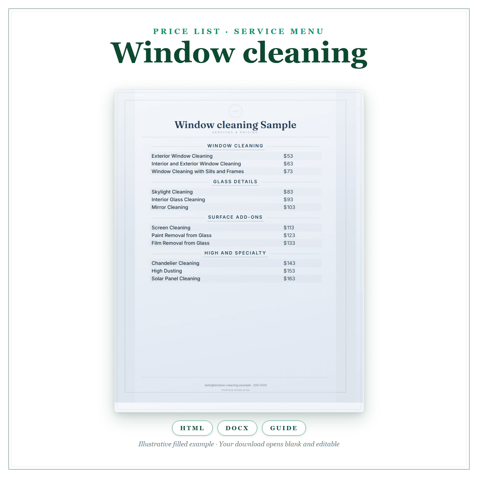 Price List & Service Menu for Window Cleaning