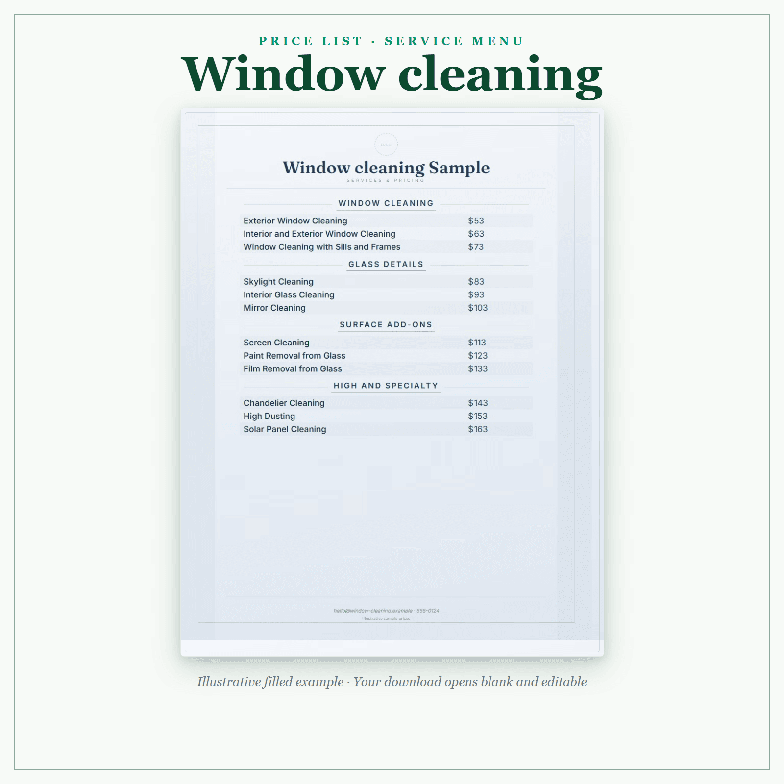 Window Cleaning Price List & Service Menu sample pages