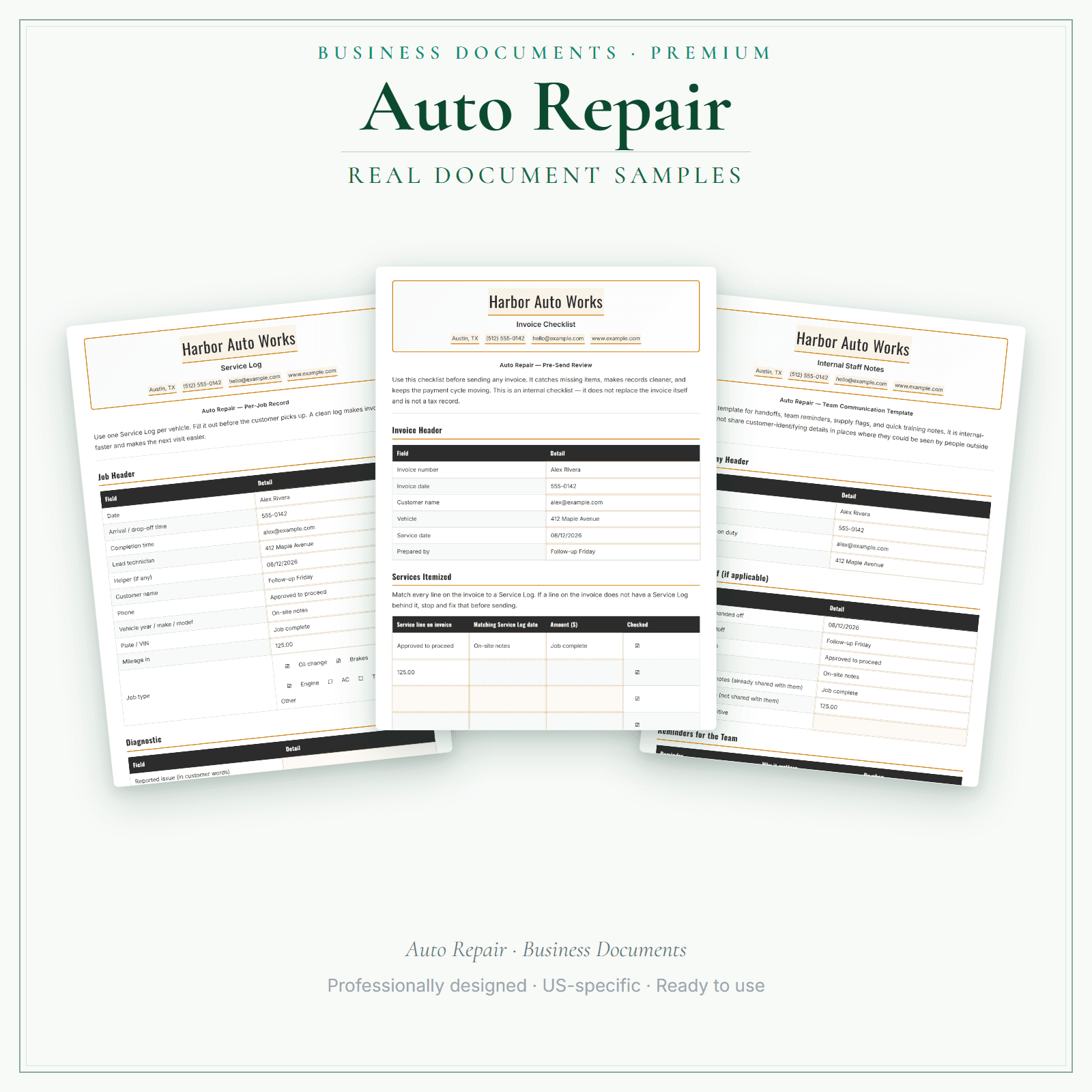 Auto Repair Business Documents — Premium sample pages