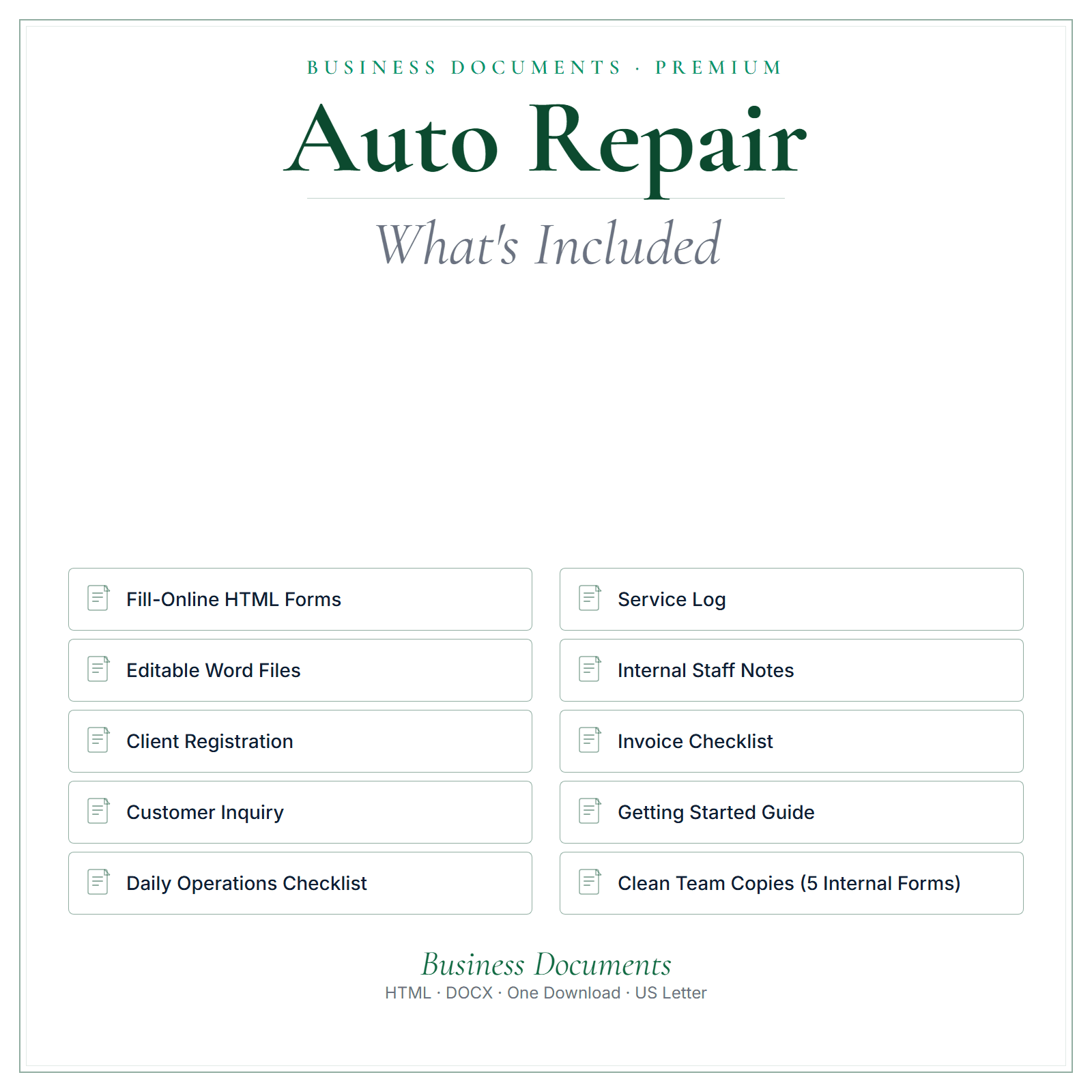 What's included in Auto Repair Business Documents — Premium