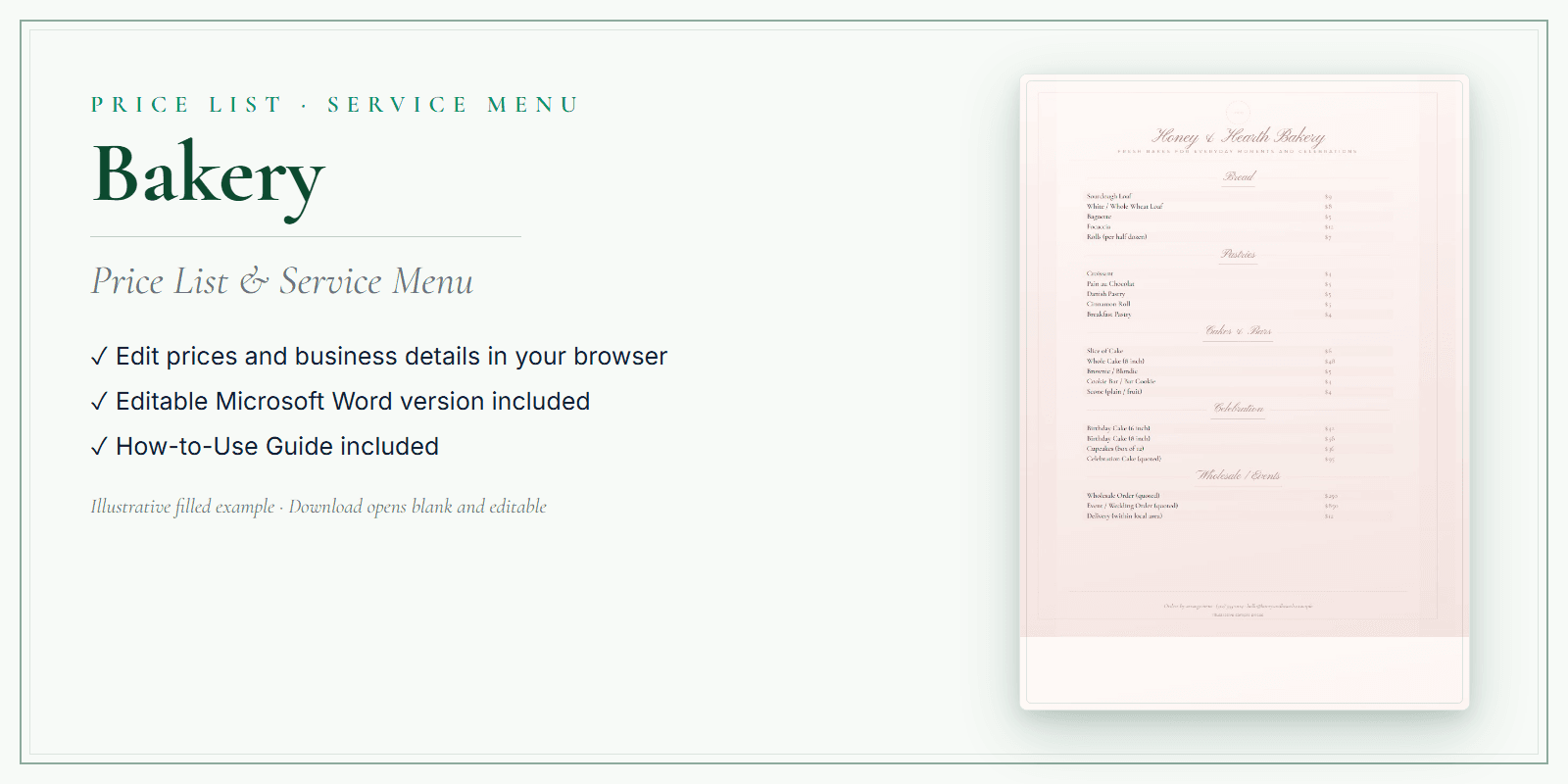 Bakery Price List & Service Menu product preview