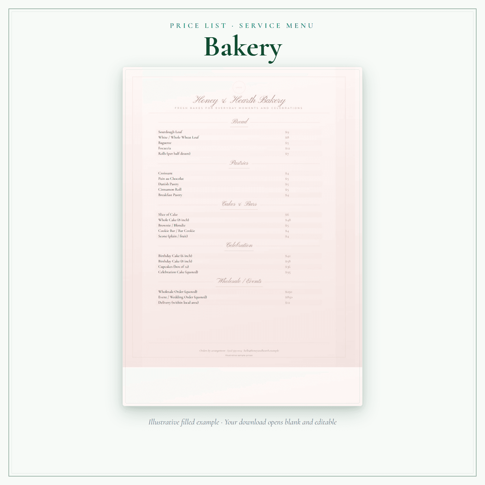 Bakery Price List & Service Menu sample pages