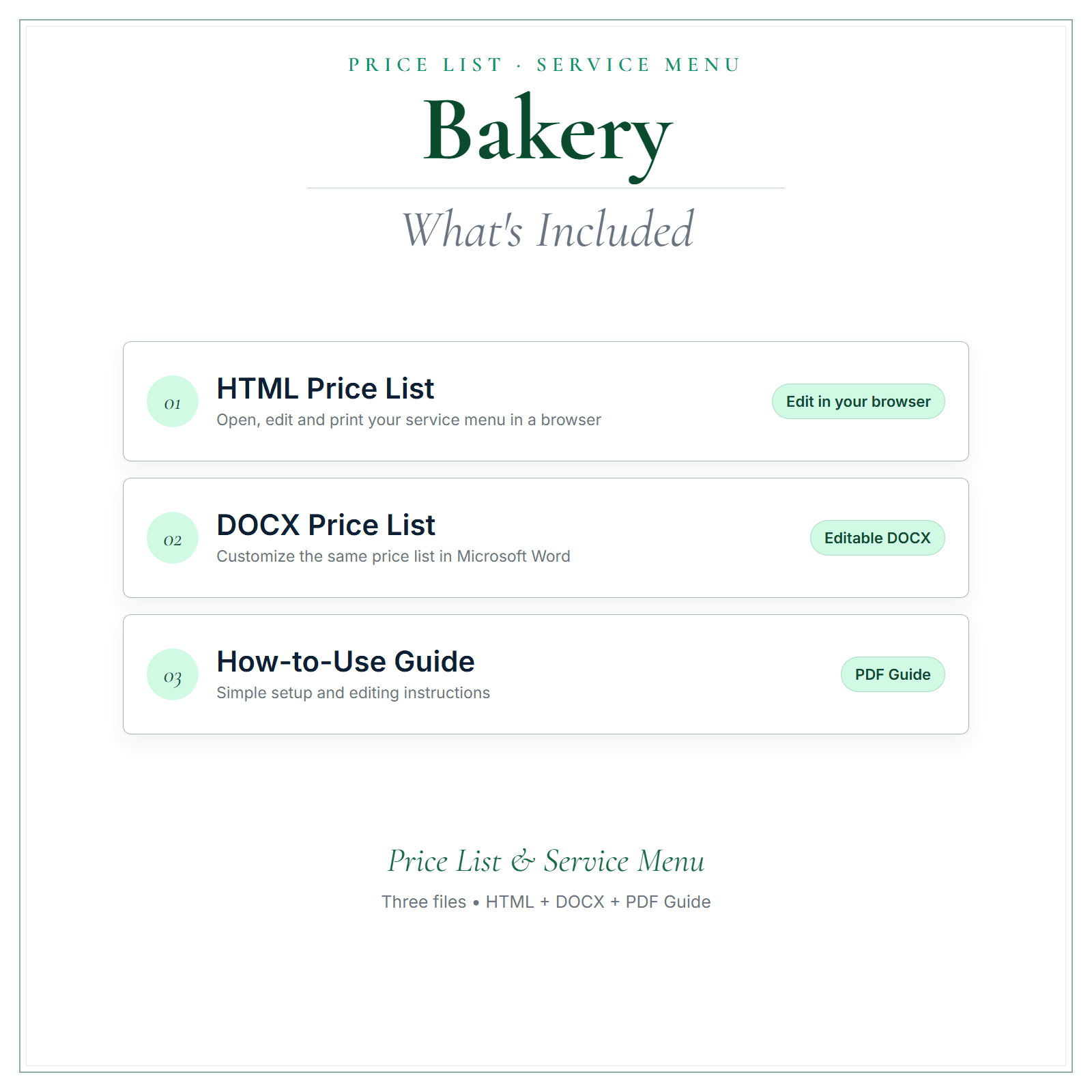 What's included in Bakery Price List & Service Menu