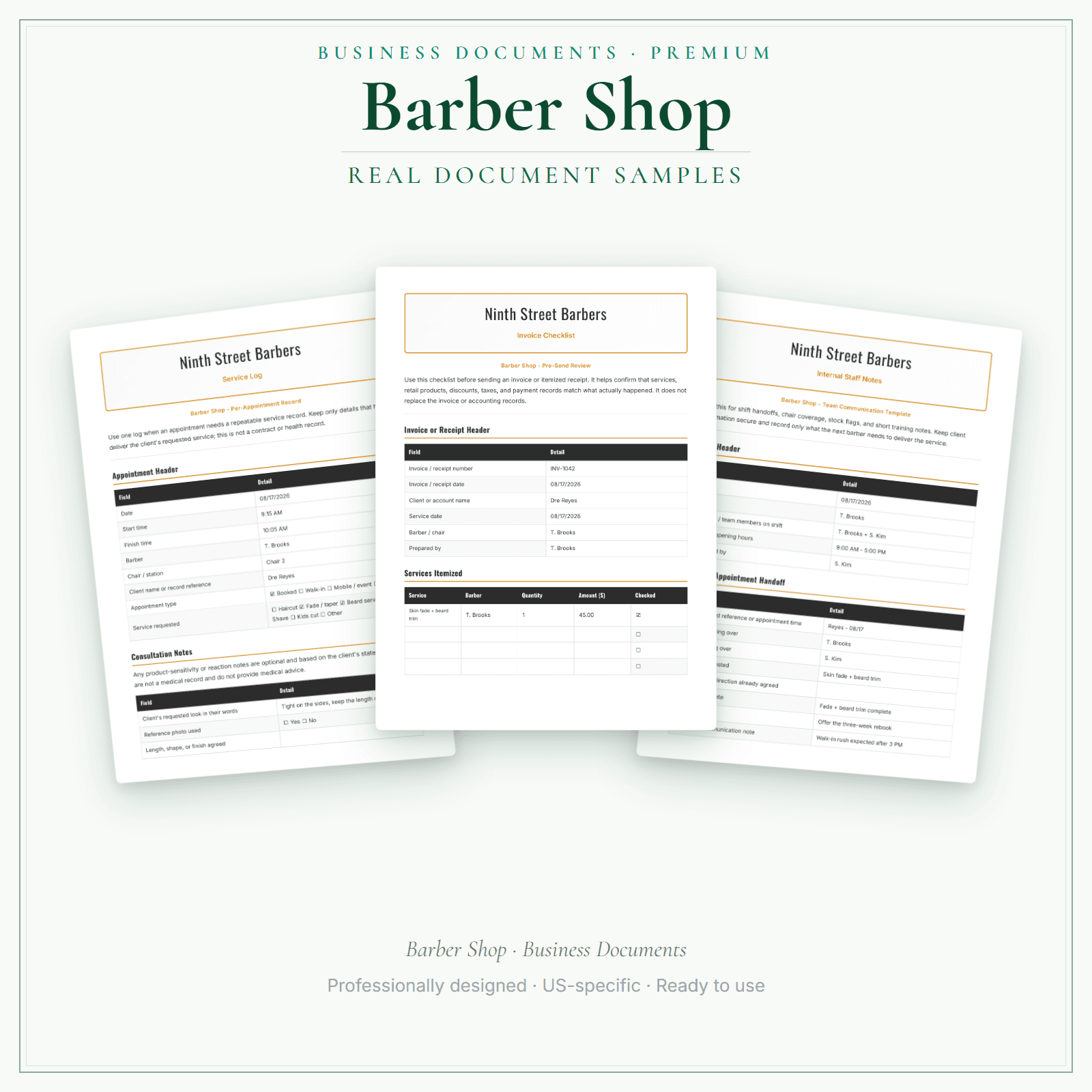 Barber Shop Business Documents — Premium sample pages