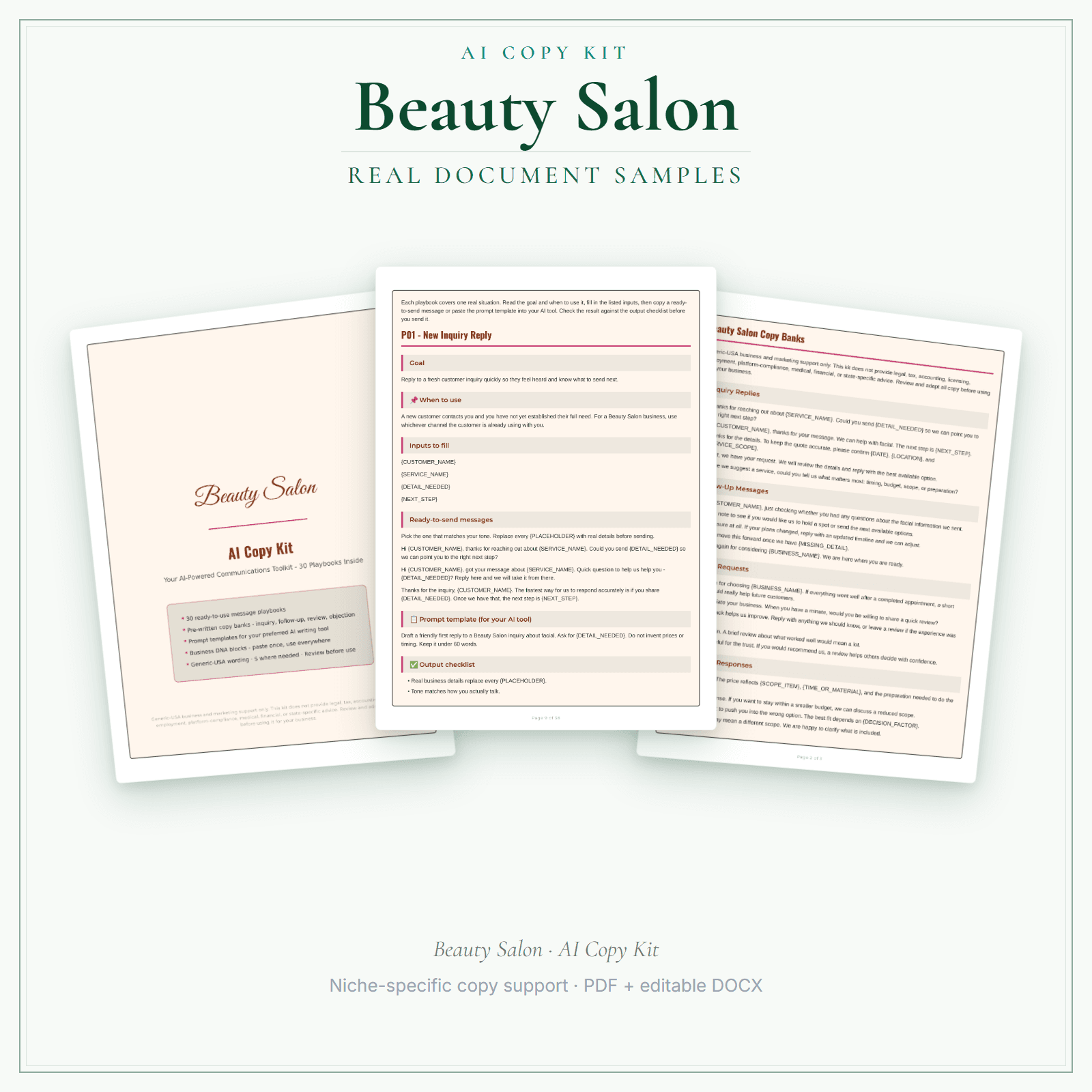 Beauty Salon AI Copy Kit sample pages
