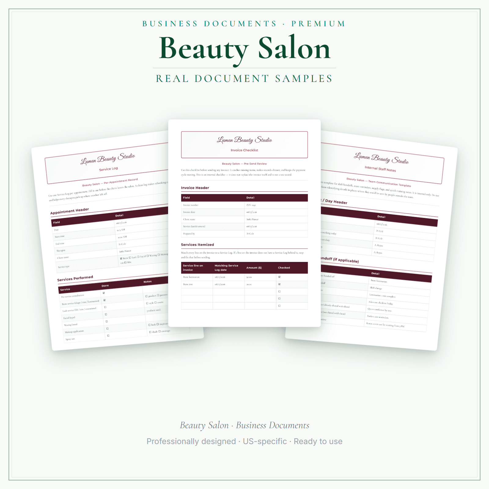 Beauty Salon Business Documents — Premium sample pages