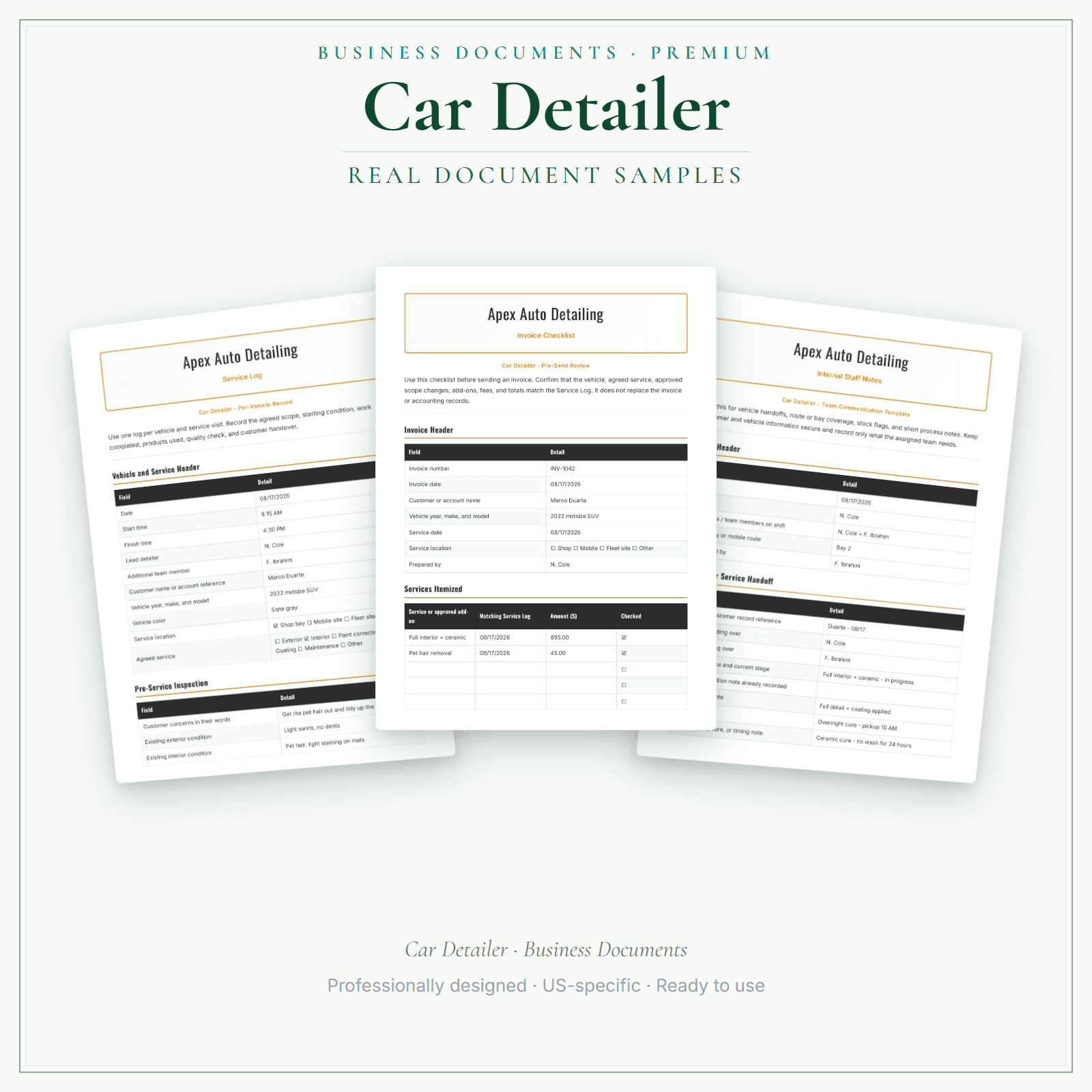 Car Detailer Business Documents — Premium sample pages