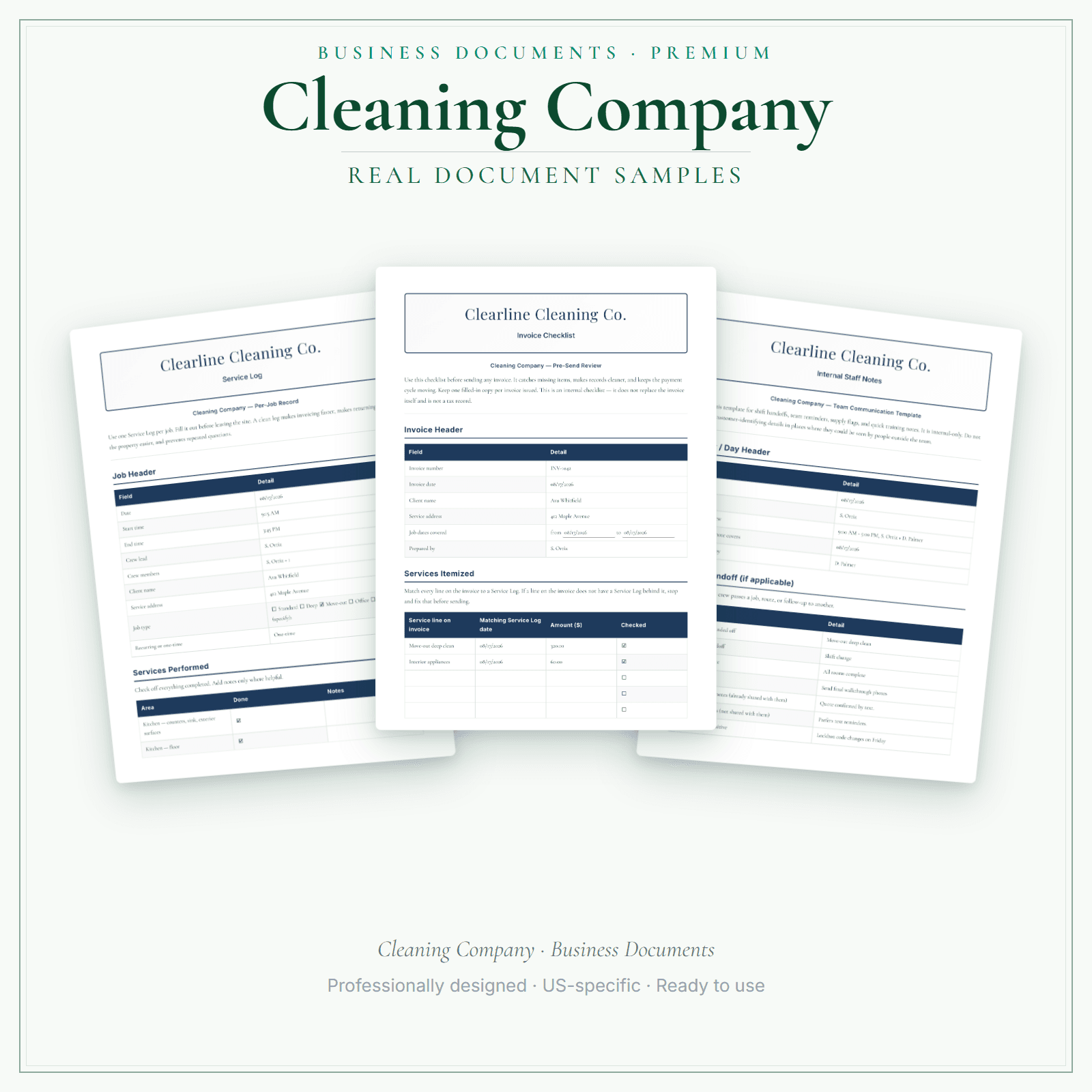 Cleaning Company Business Documents — Premium sample pages
