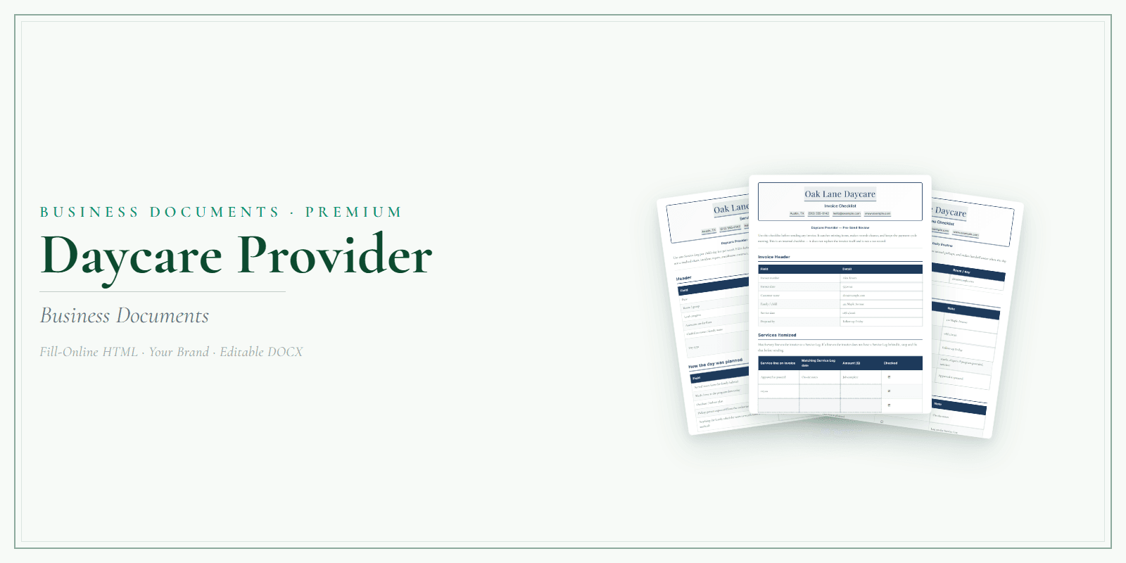 Daycare Provider Business Documents — Premium product preview