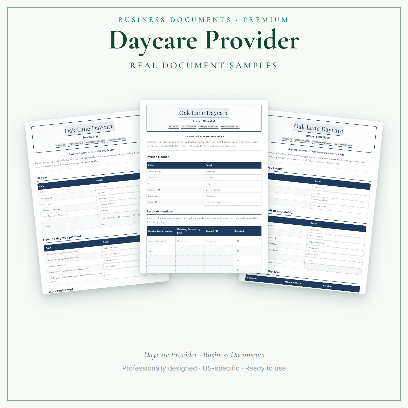 Daycare Provider Business Documents — Premium sample pages