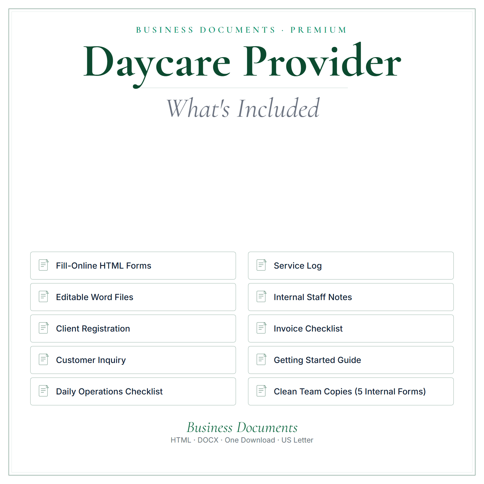 What's included in Daycare Provider Business Documents — Premium