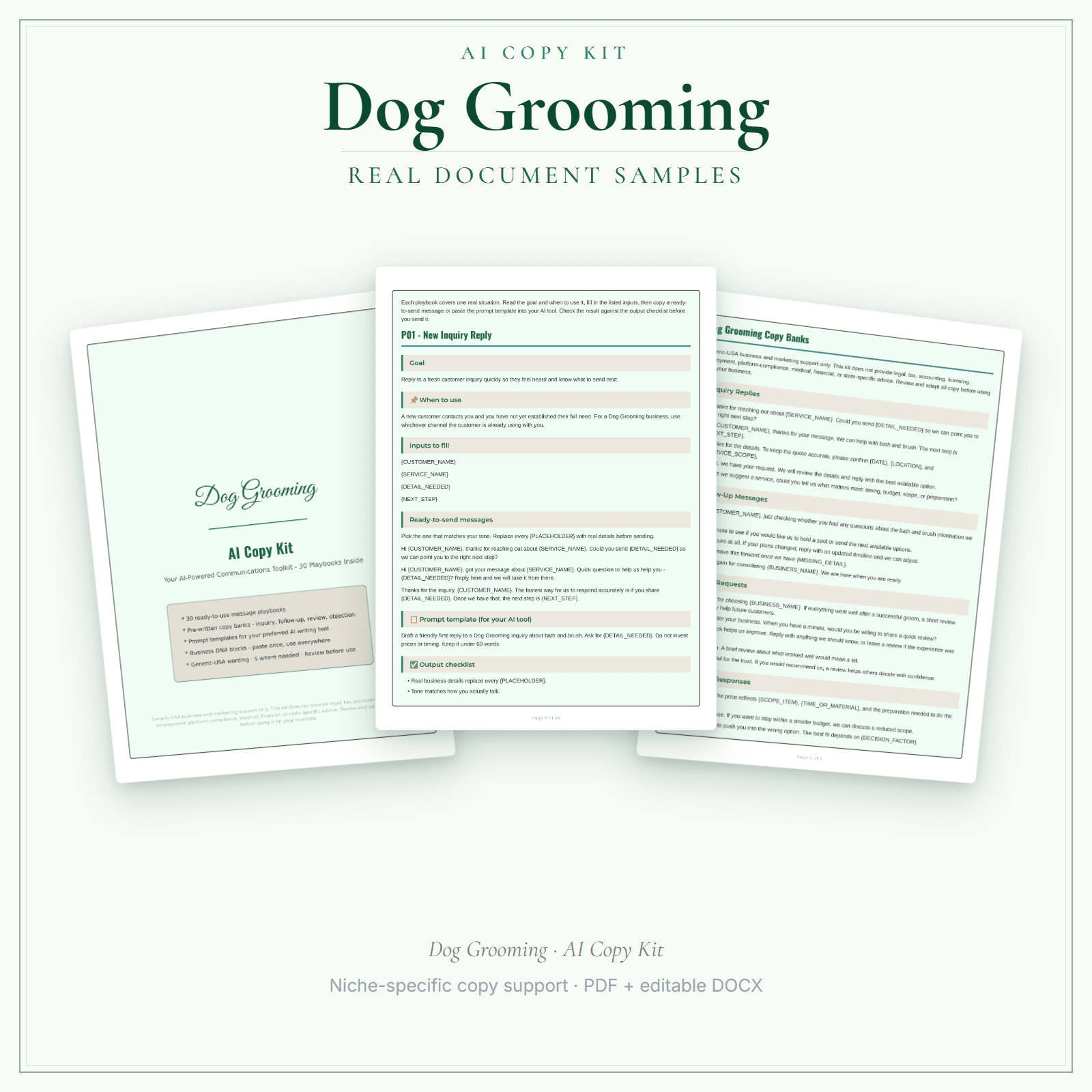 Dog Grooming AI Copy Kit sample pages