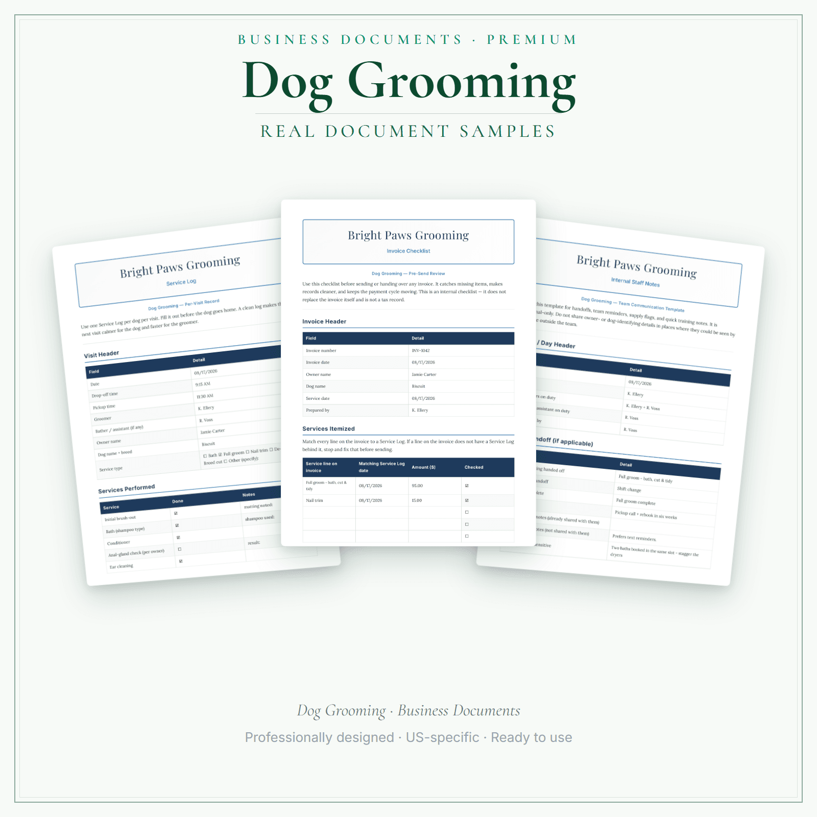 Dog Grooming Business Documents — Premium sample pages