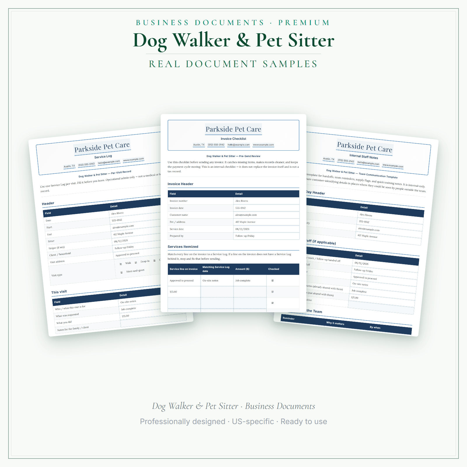 Dog Walker & Pet Sitter Business Documents — Premium sample pages