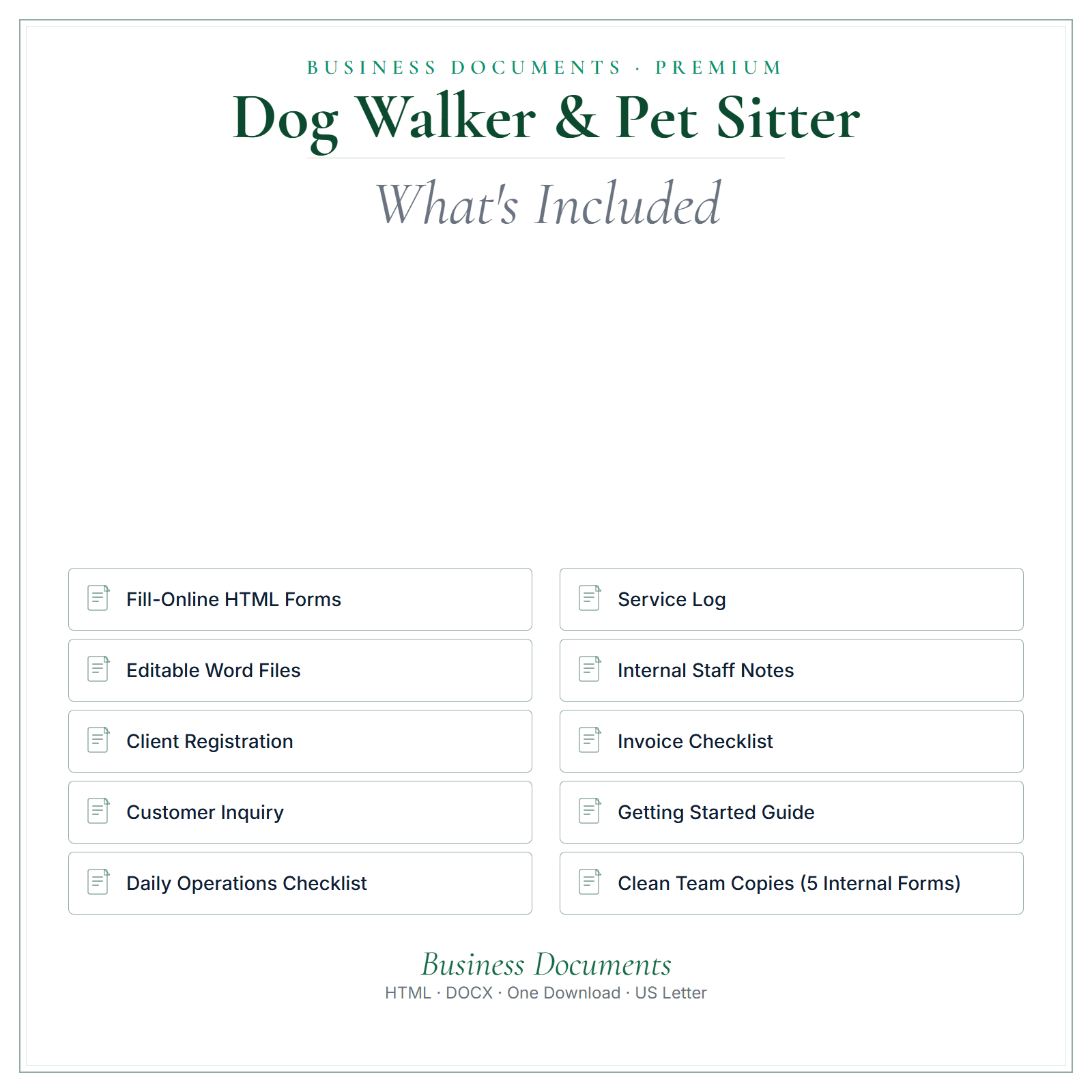 What's included in Dog Walker & Pet Sitter Business Documents — Premium