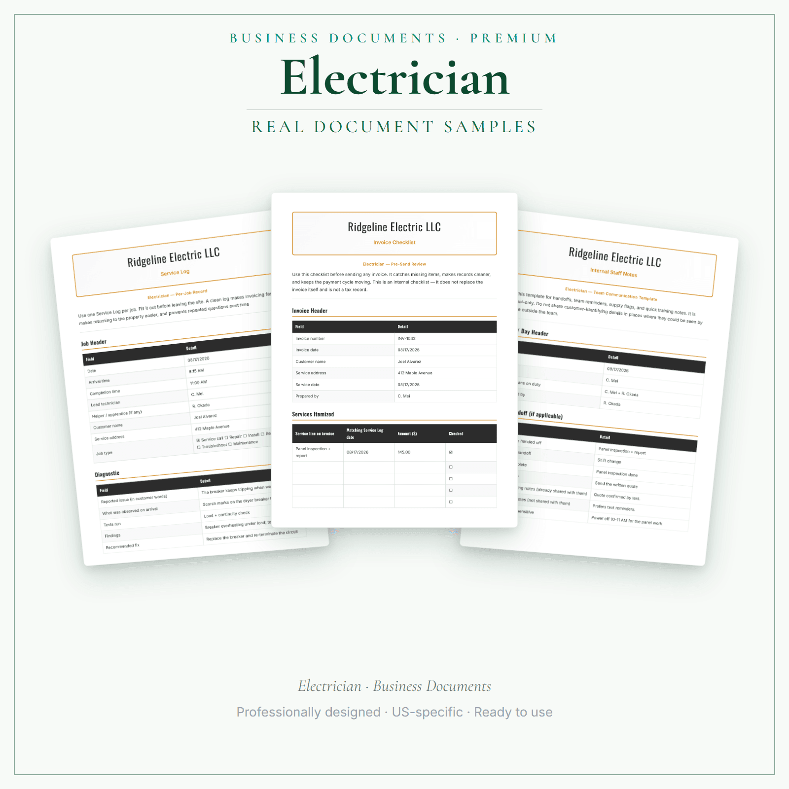 Electrician Business Documents — Premium sample pages