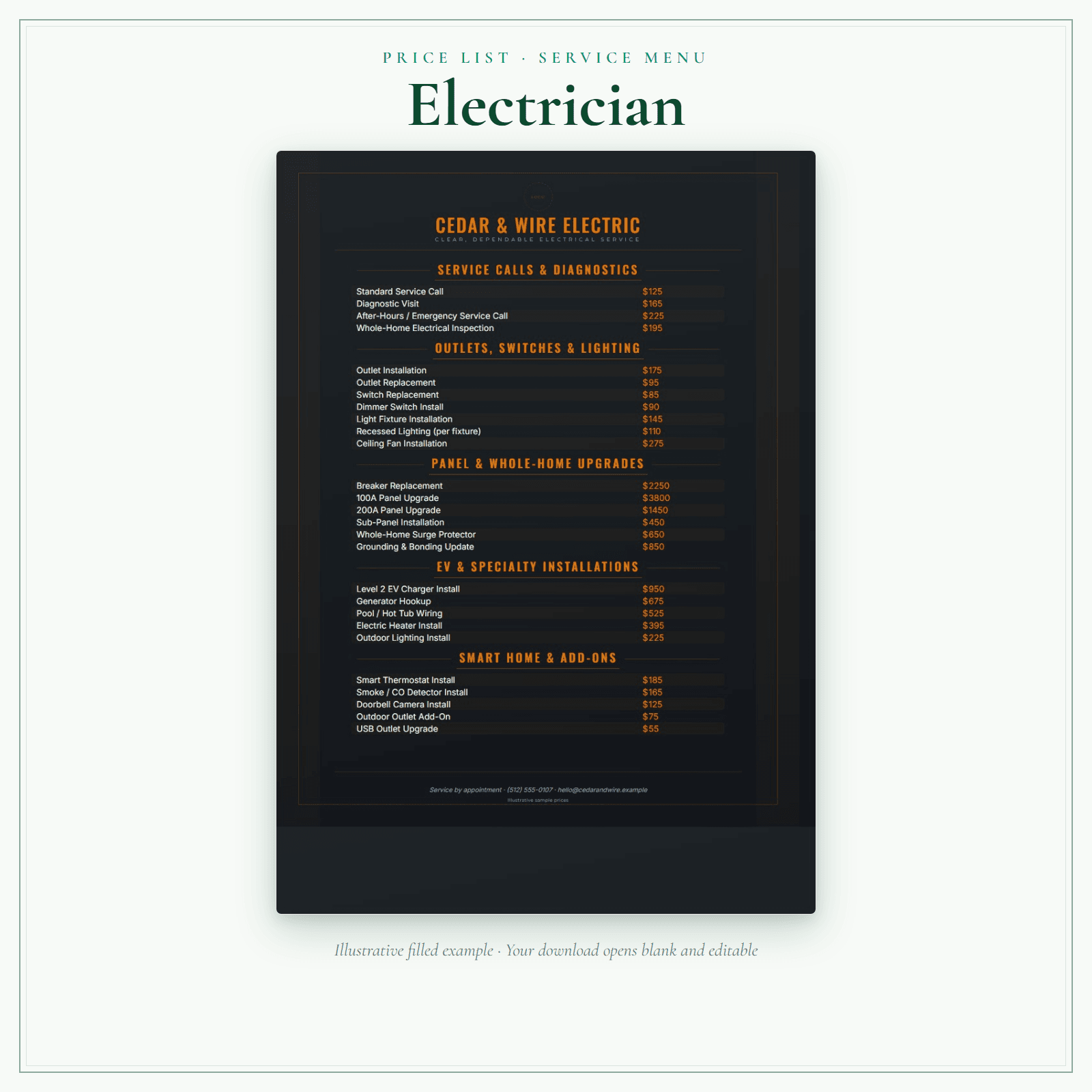 Electrician Price List & Service Menu sample pages