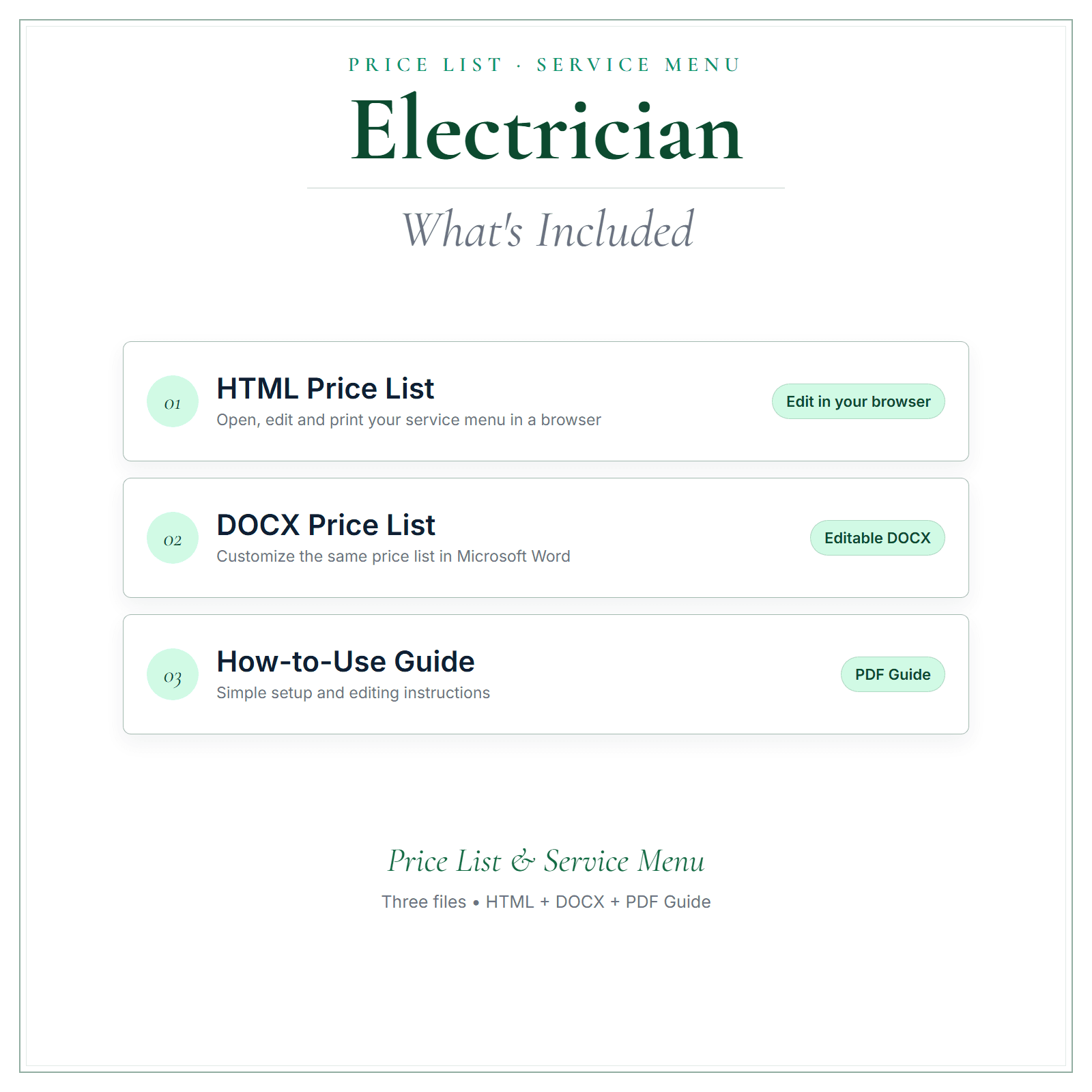 What's included in Electrician Price List & Service Menu