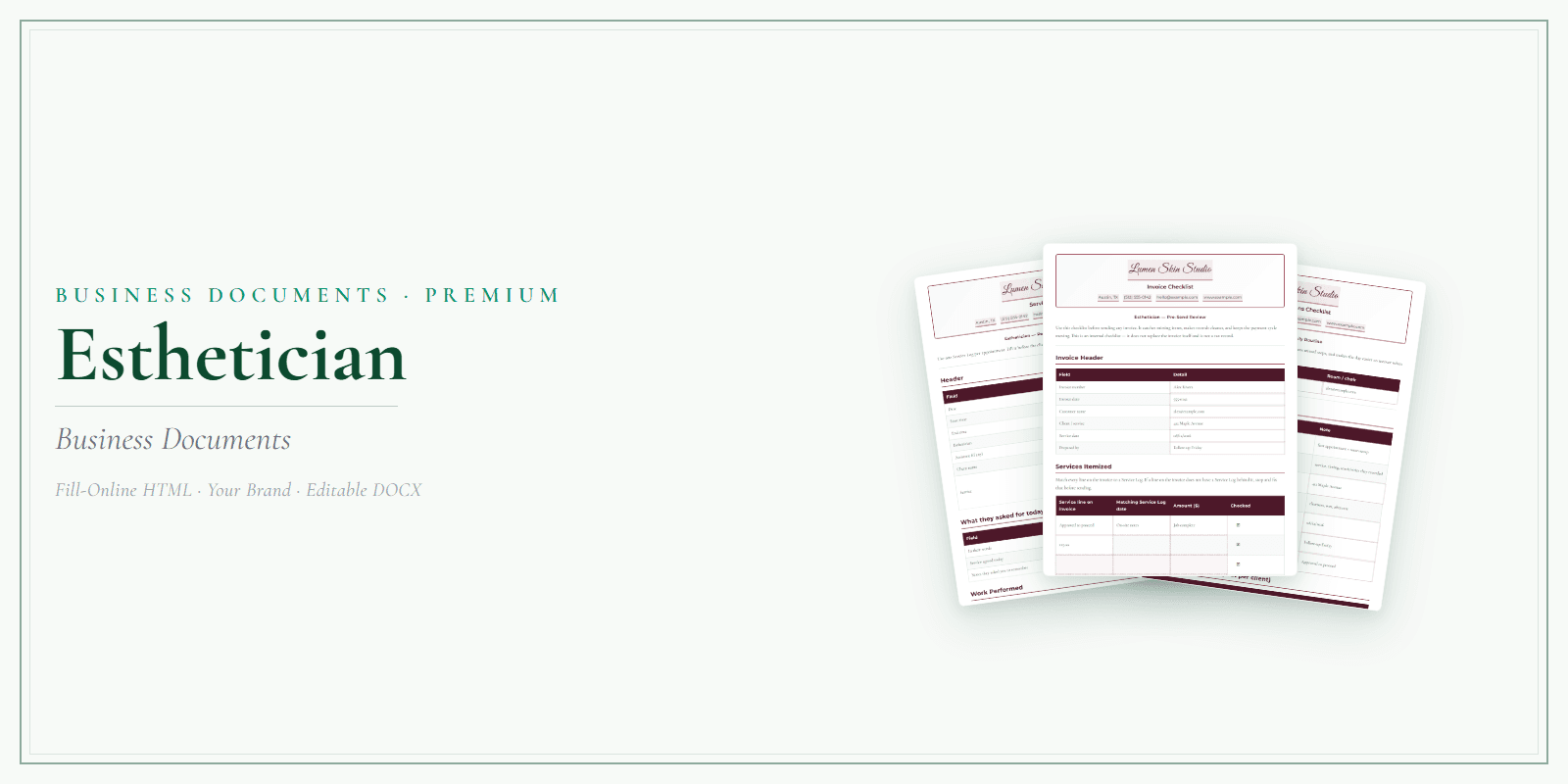 Esthetician Business Documents — Premium product preview