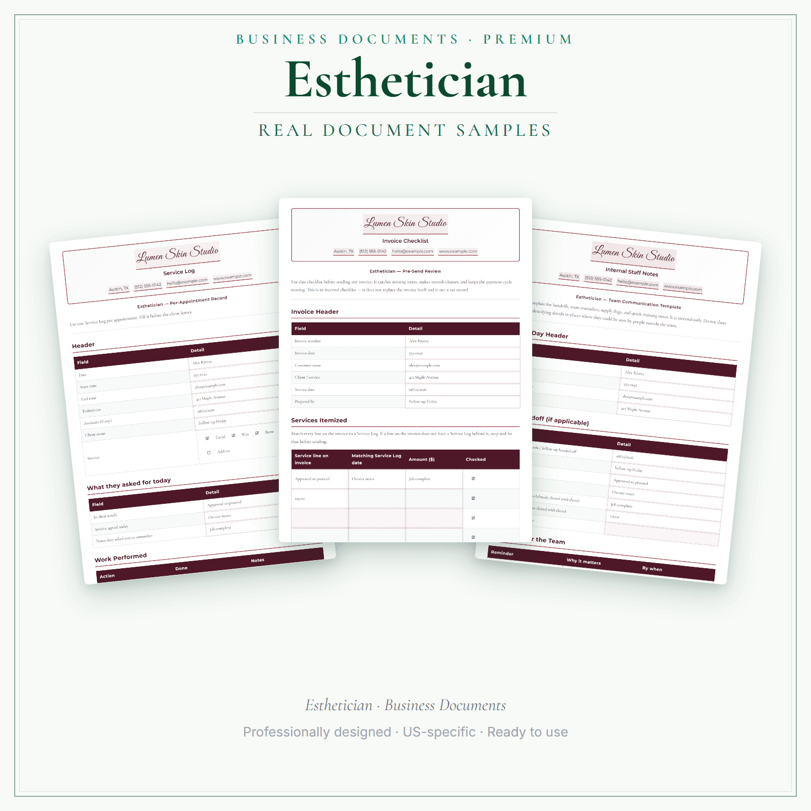 Esthetician Business Documents — Premium sample pages