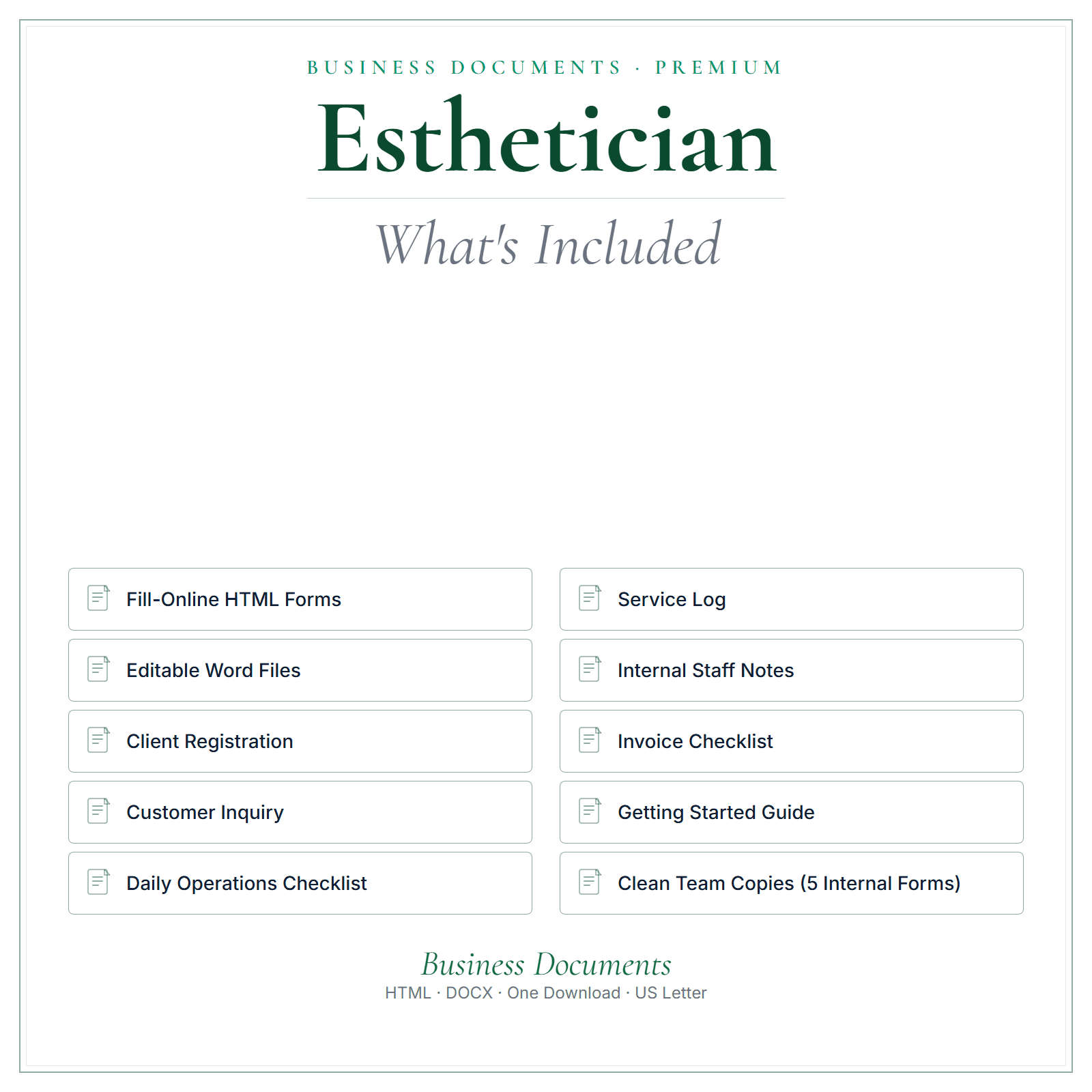 What's included in Esthetician Business Documents — Premium