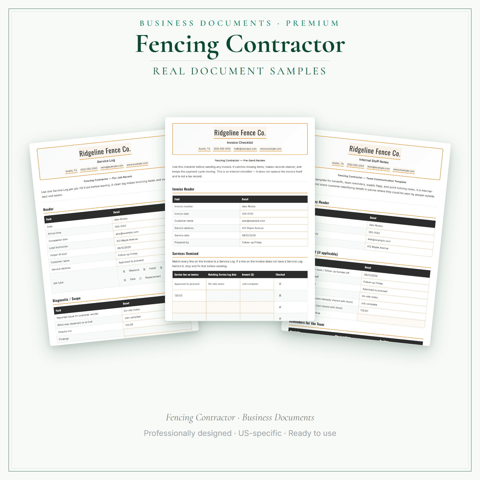 Fencing Contractor Business Documents — Premium sample pages