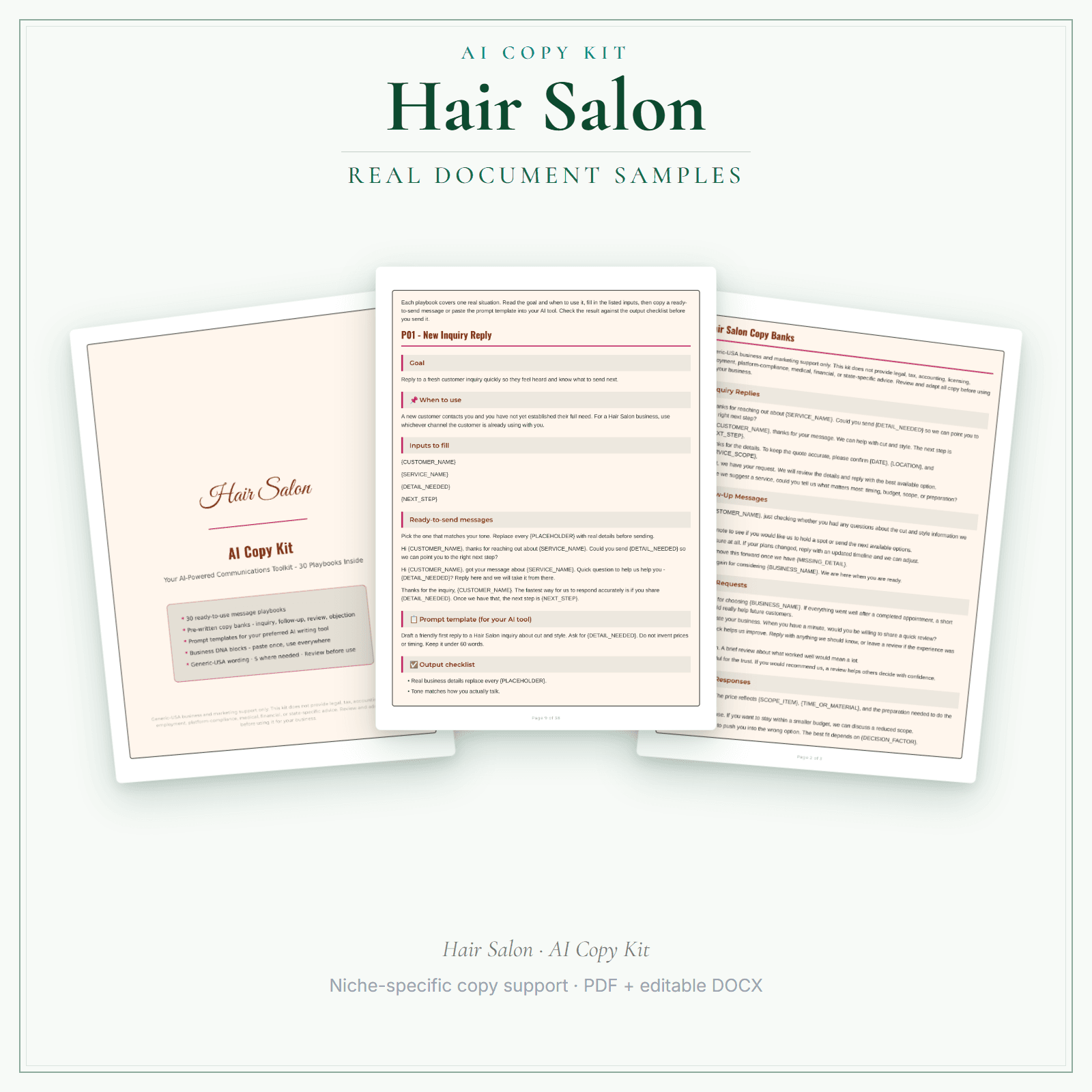 Hair Salon AI Copy Kit sample pages