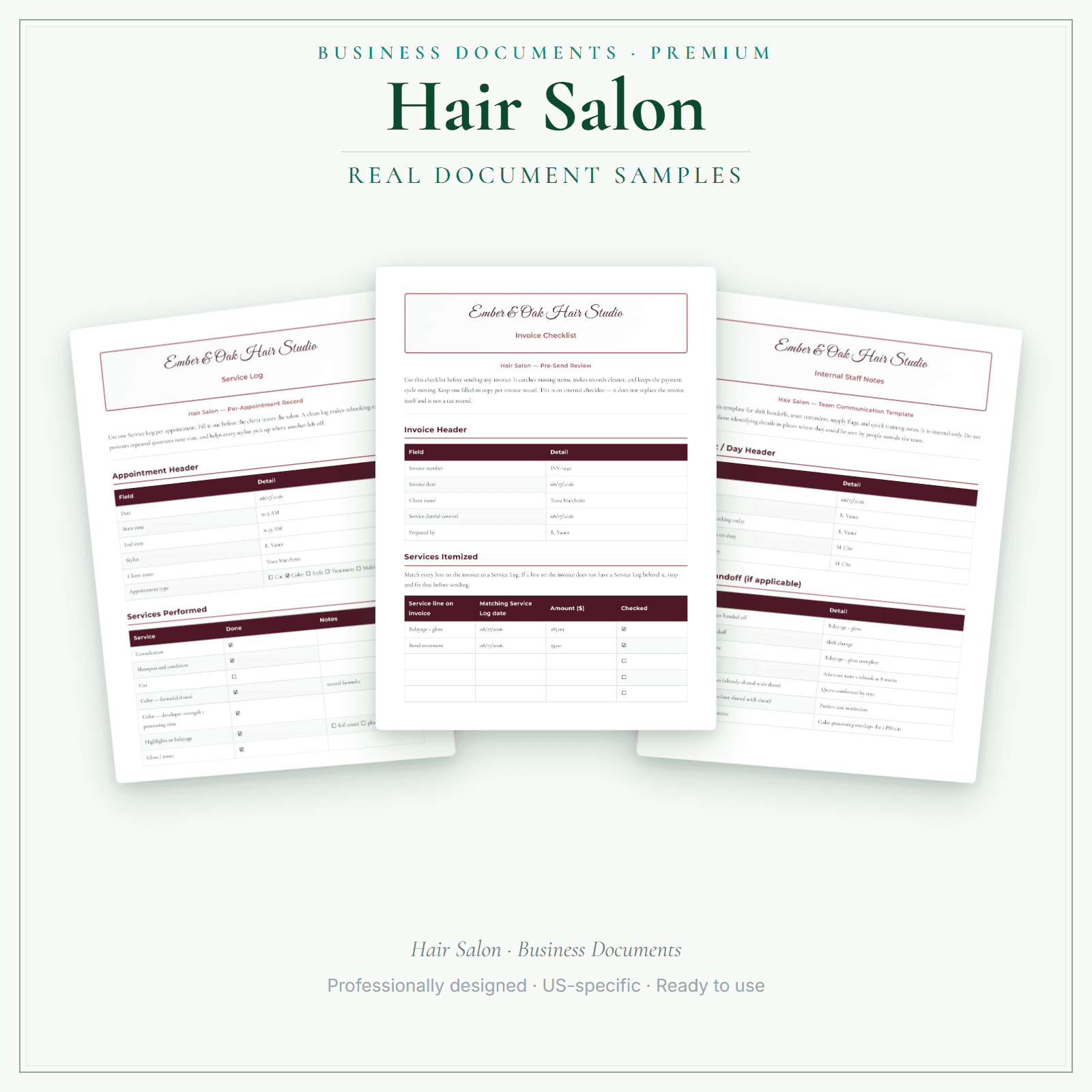 Hair Salon Business Documents — Premium sample pages