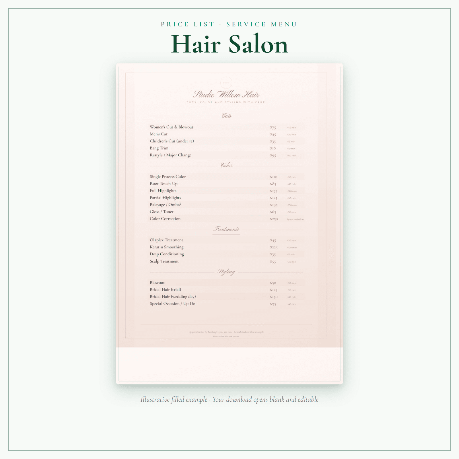 Hair Salon Price List & Service Menu sample pages