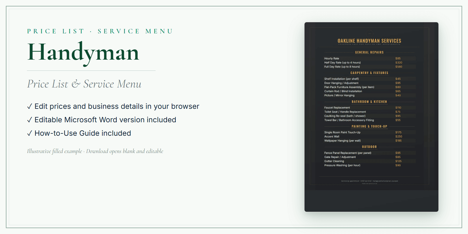 Handyman Price List & Service Menu product preview