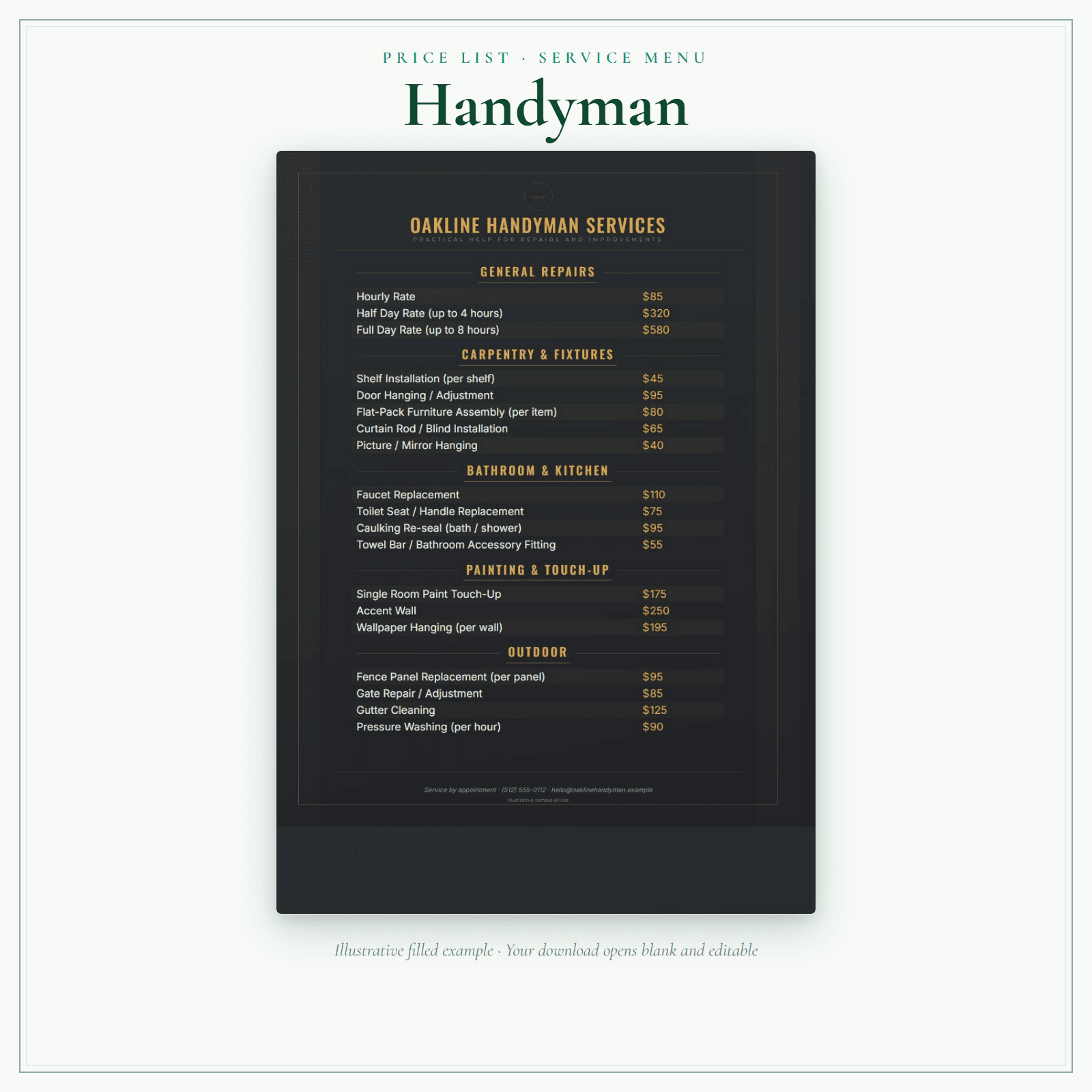 Handyman Price List & Service Menu sample pages