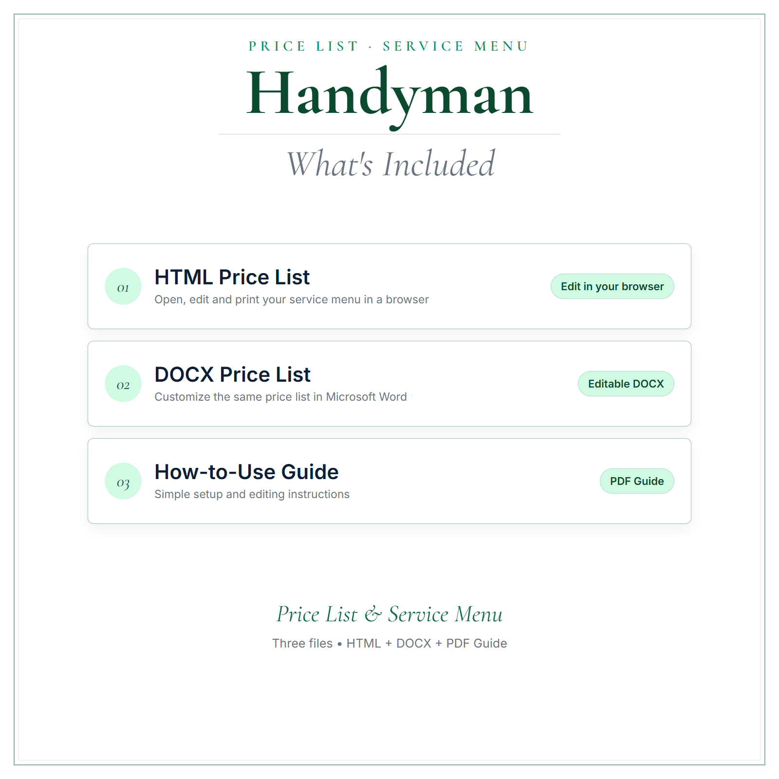 What's included in Handyman Price List & Service Menu