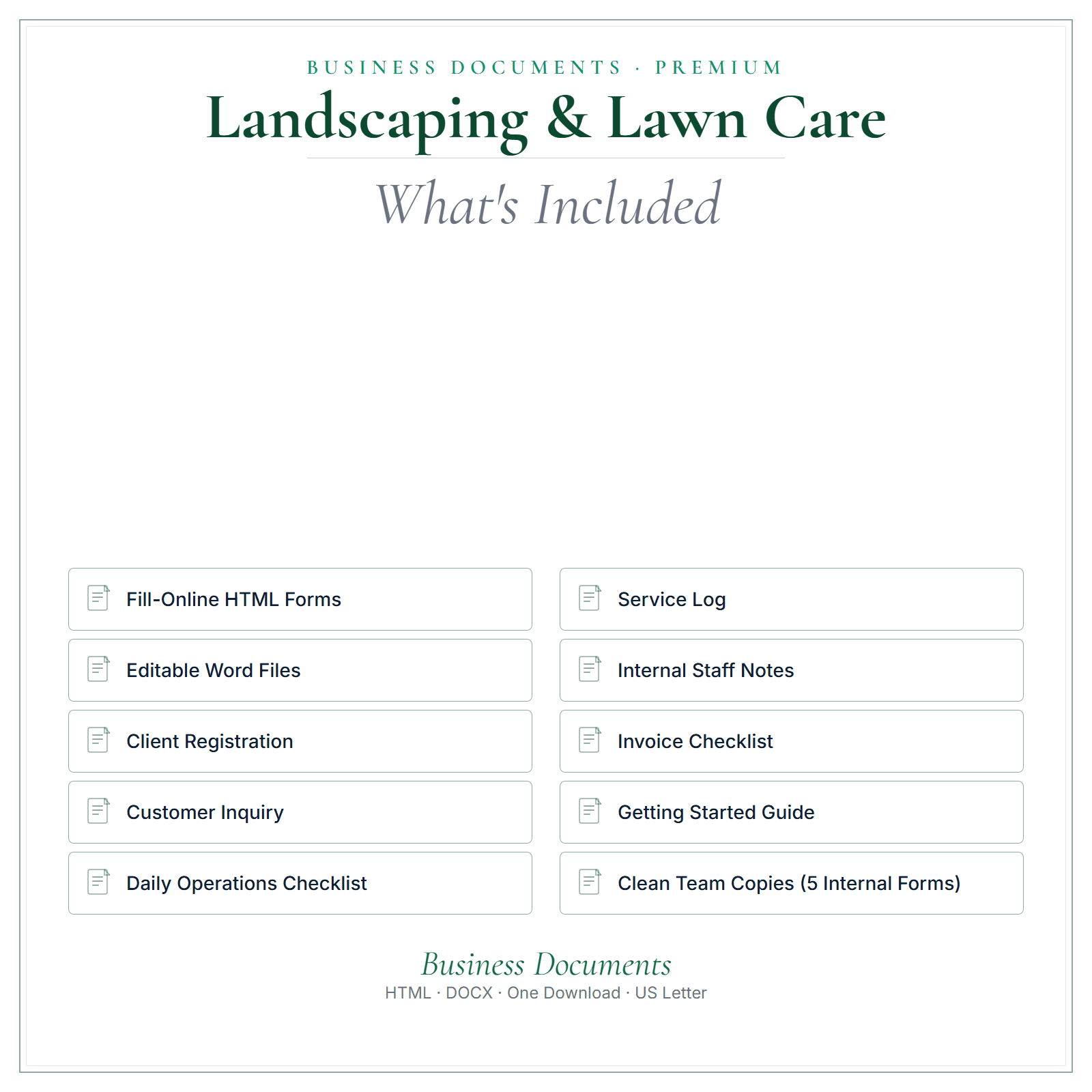 What's included in Landscaping & Lawn Care Business Documents — Premium