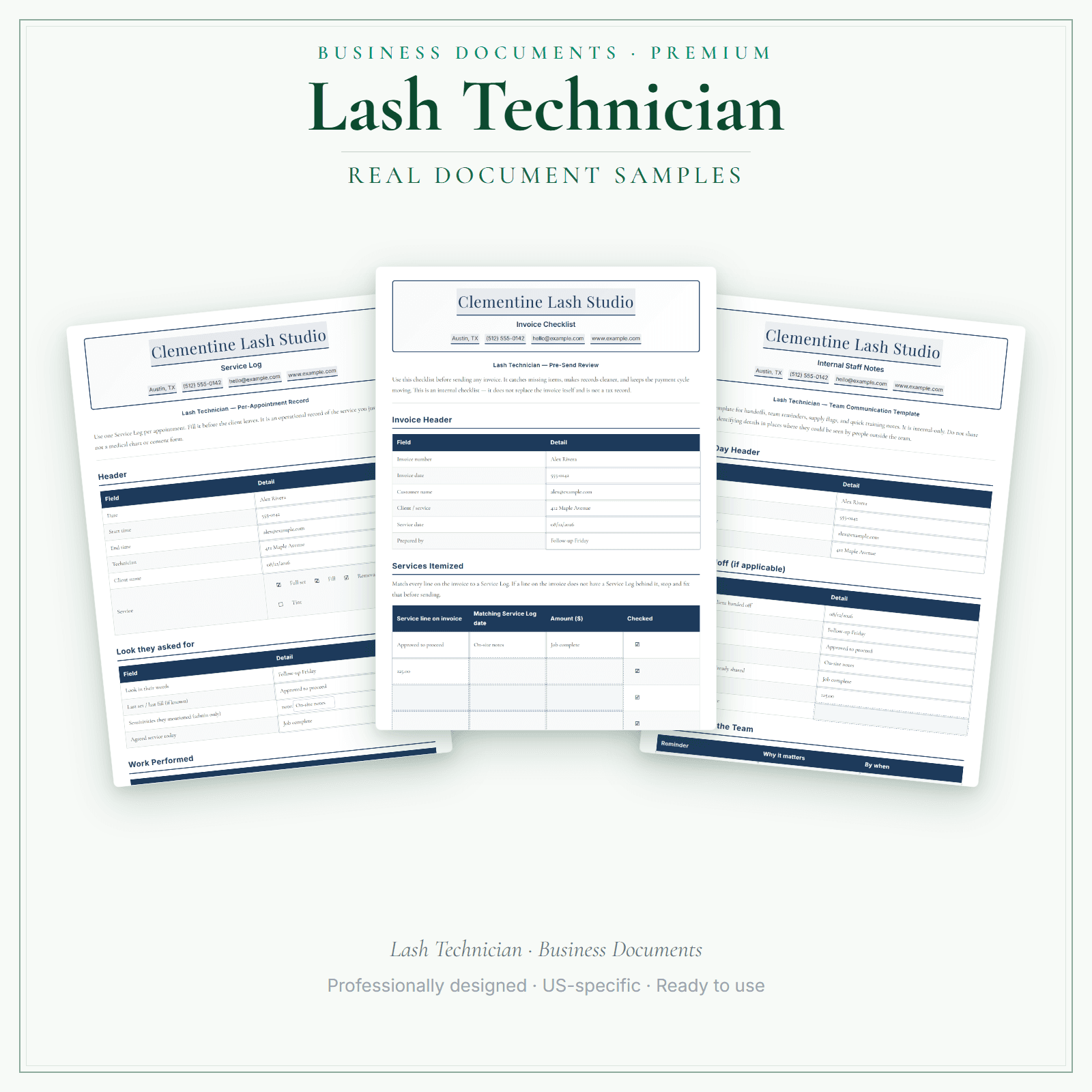 Lash Technician Business Documents — Premium sample pages