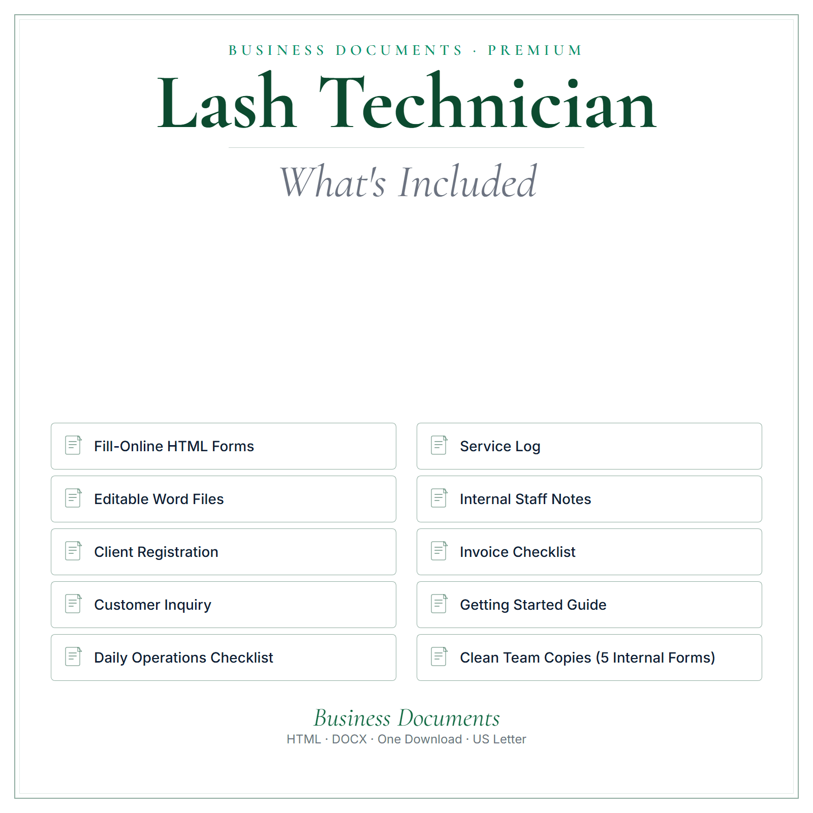 What's included in Lash Technician Business Documents — Premium