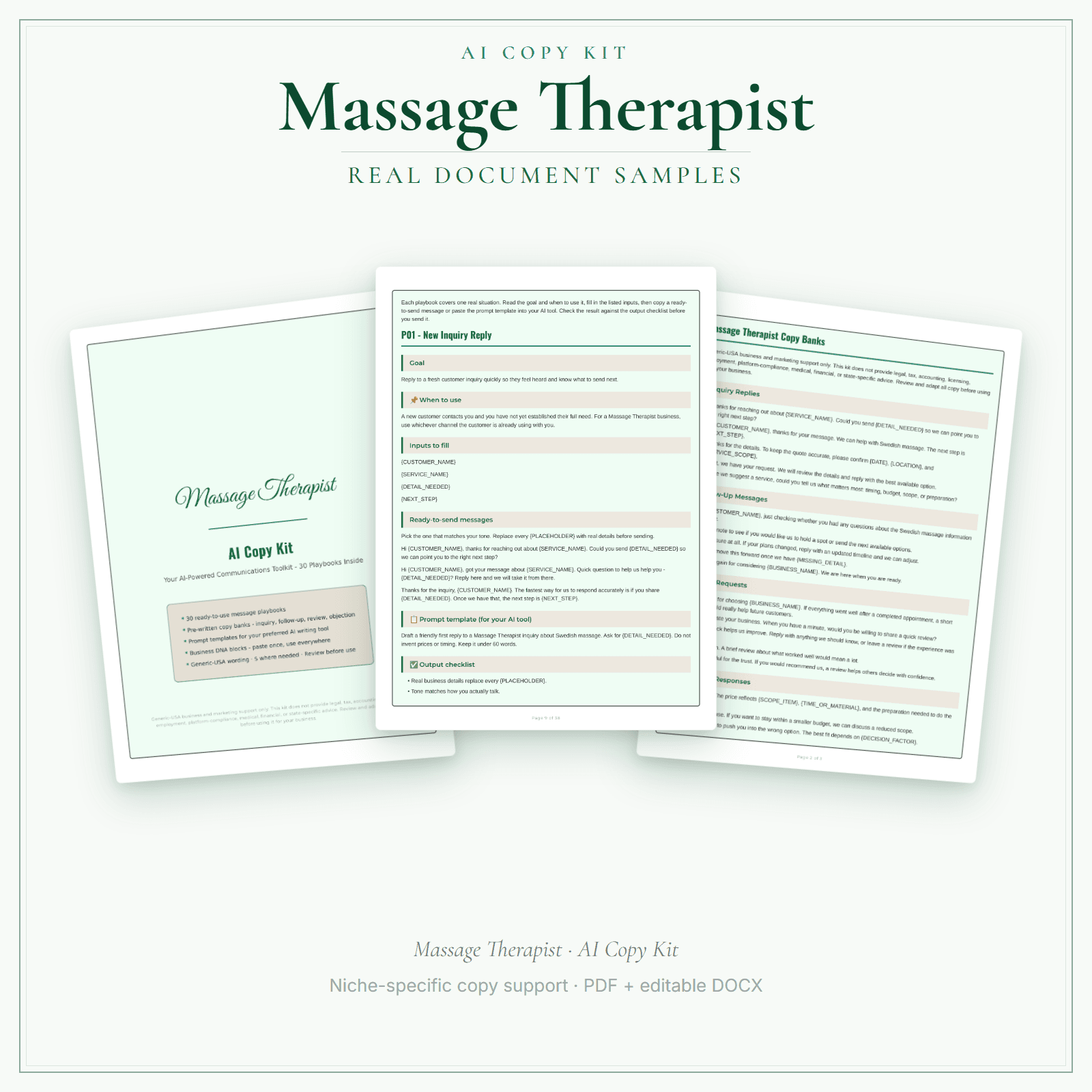 Massage Therapist AI Copy Kit sample pages